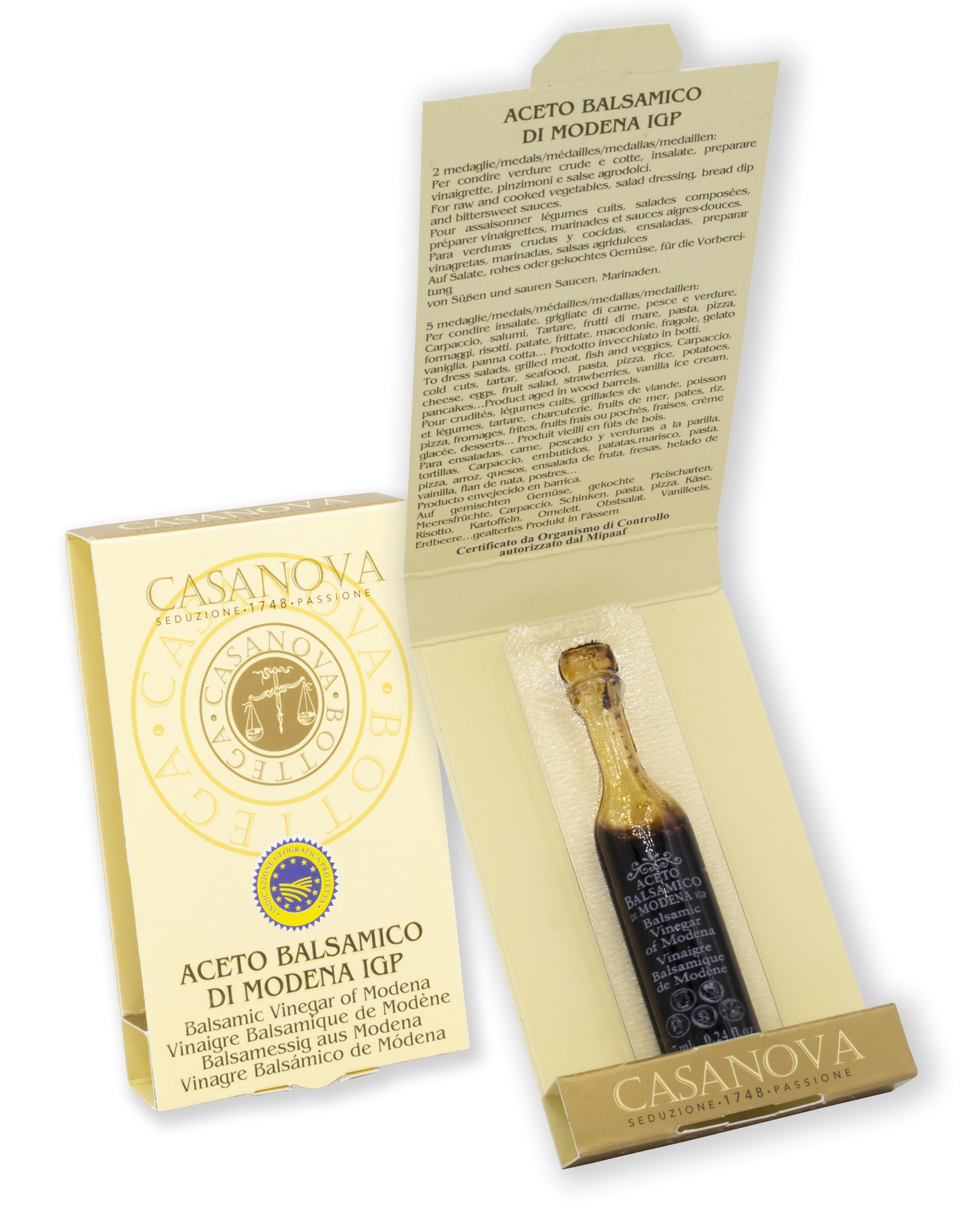 Aceto Balsamico di Modena IGP 10 Travasi Monodose 7 ml Casanova, confezione a libro con fiala monodose.