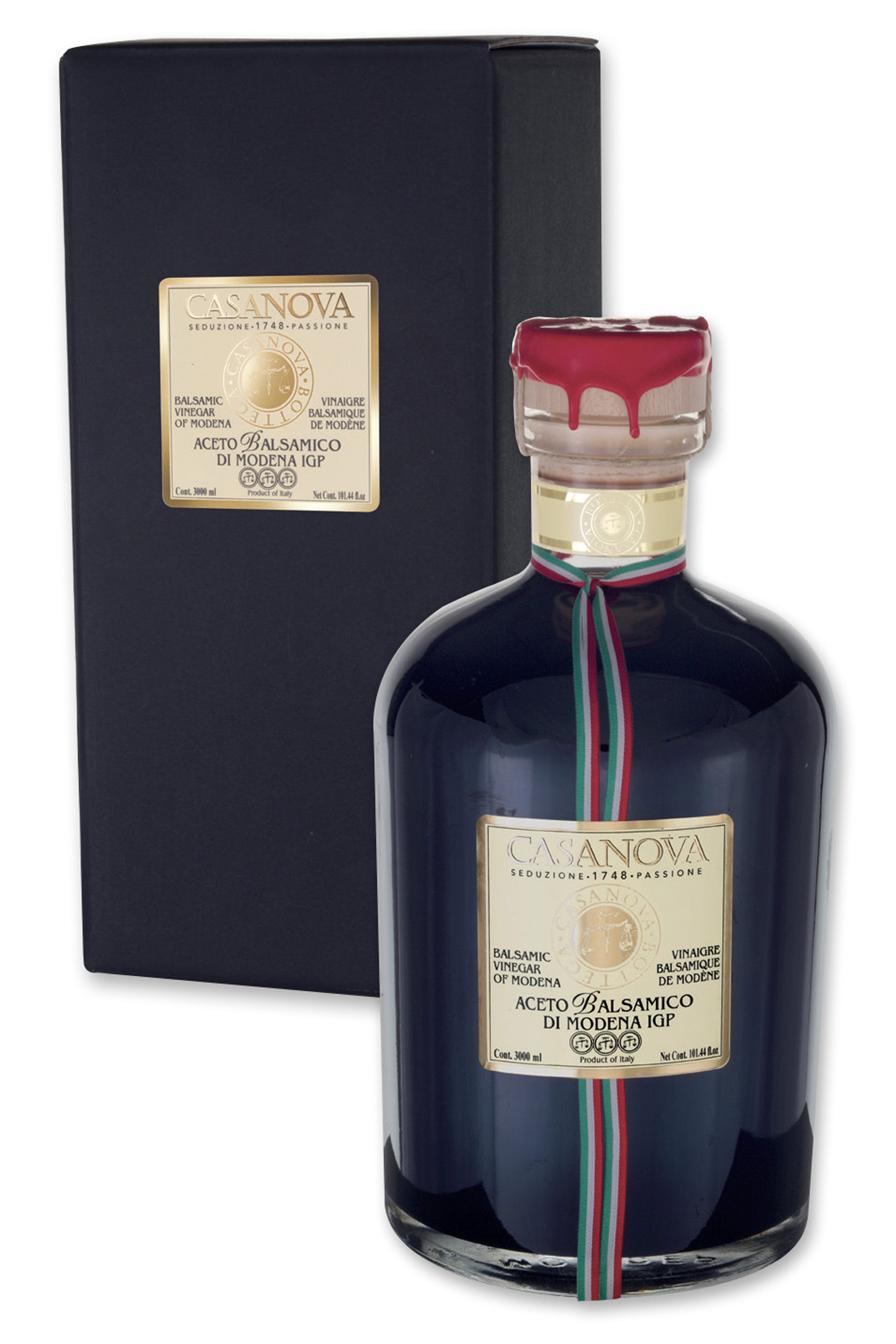 Aceto Balsamico di Modena IGP 3 l Casanova, bottiglia con astuccio.