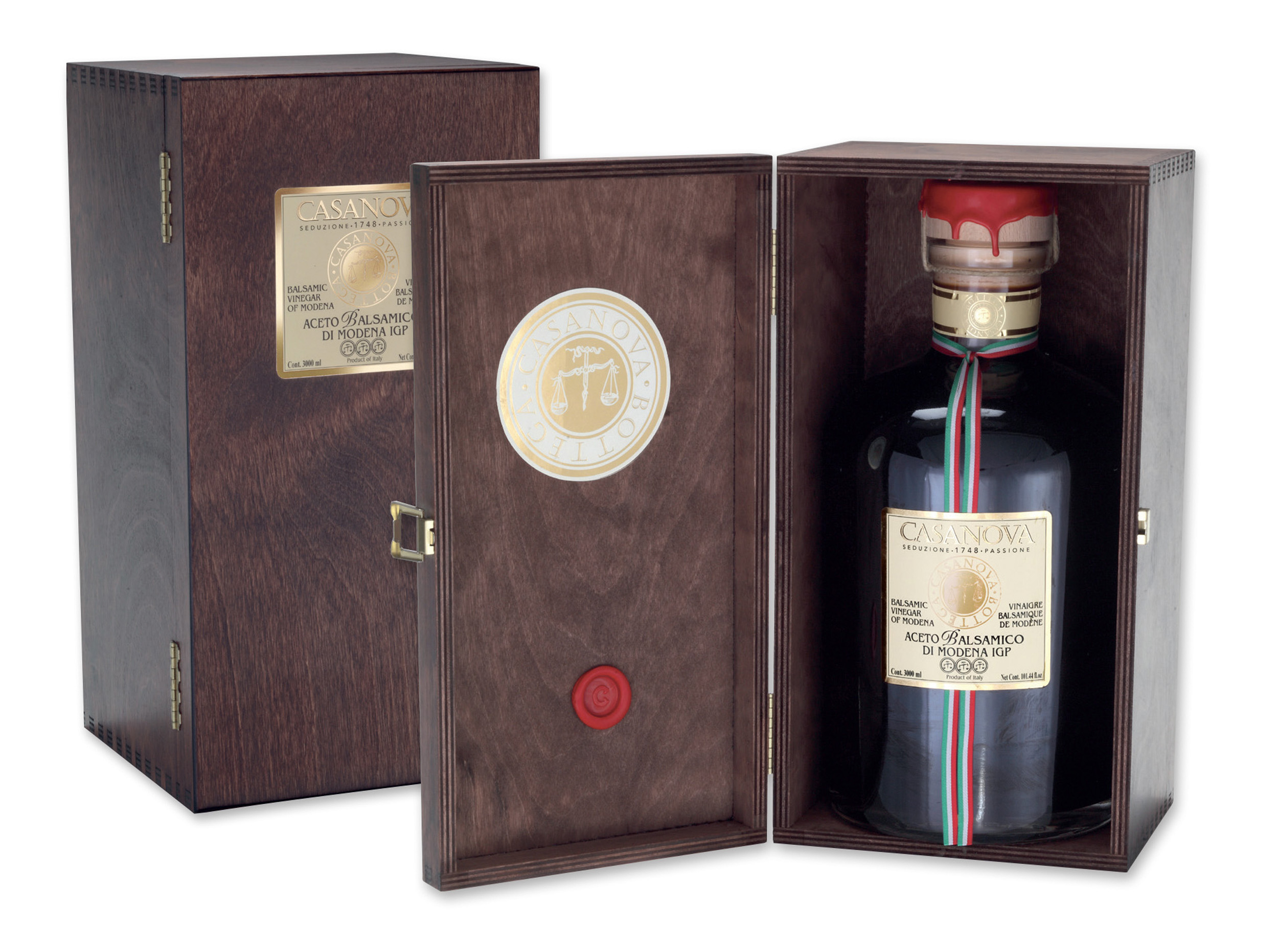 Aceto Balsamico di Modena IGP 3 l Casanova, bottiglia con cofanetto in legno.