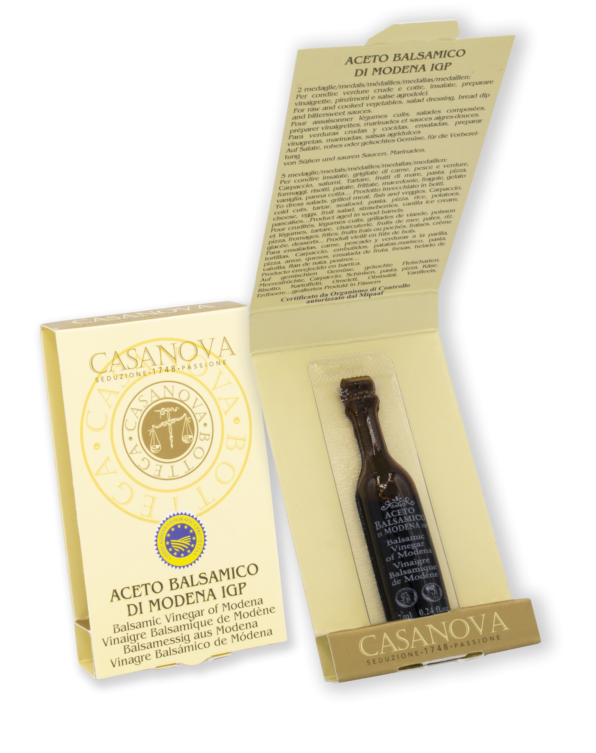 Aceto Balsamico di Modena IGP 4 Travasi Monodose 7 ml Casanova, confezione a libro con fiala monodose.