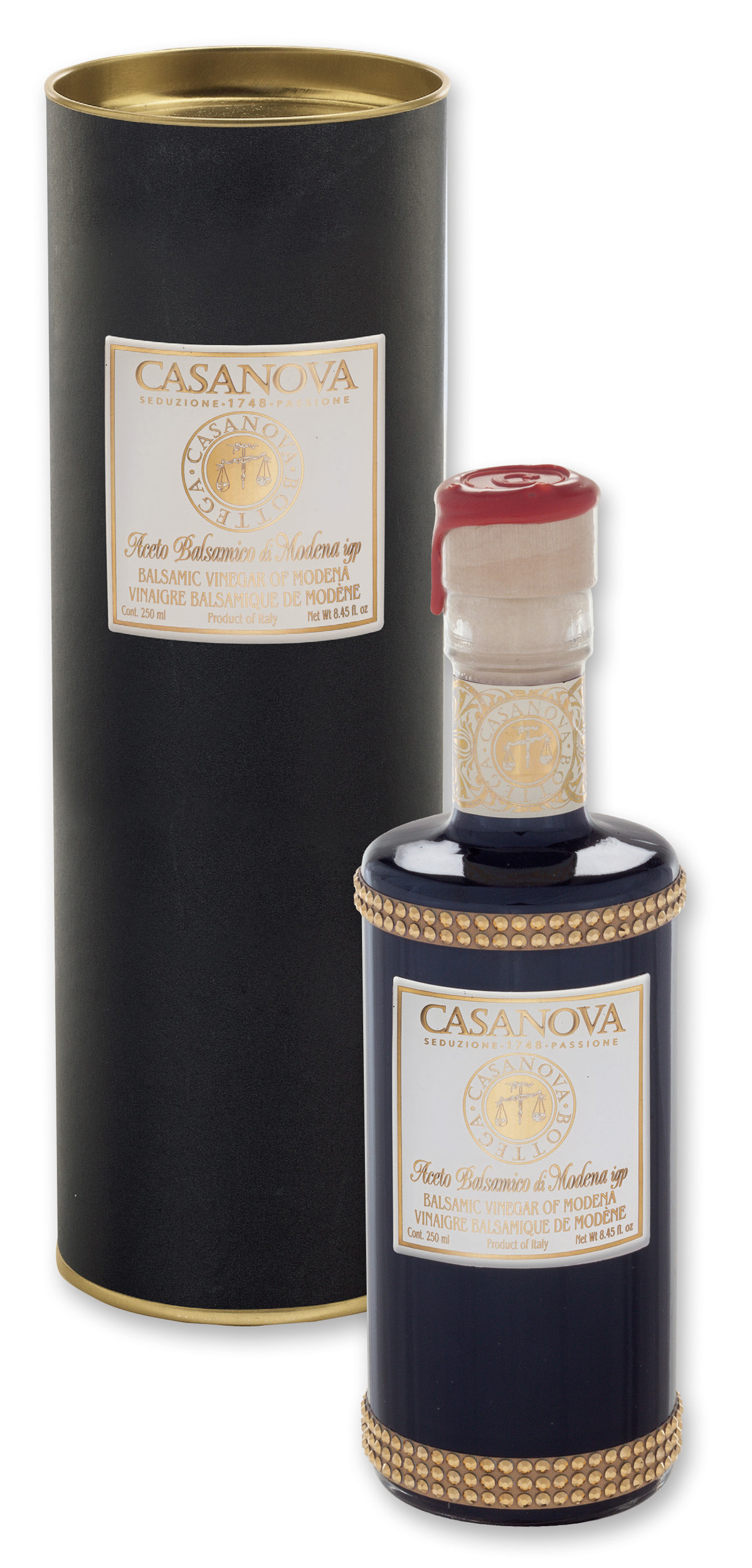 Aceto Balsamico di Modena IGP Qualità 15 Black Tube 250 ml Casanova, bottiglia con confezione cilindrica.