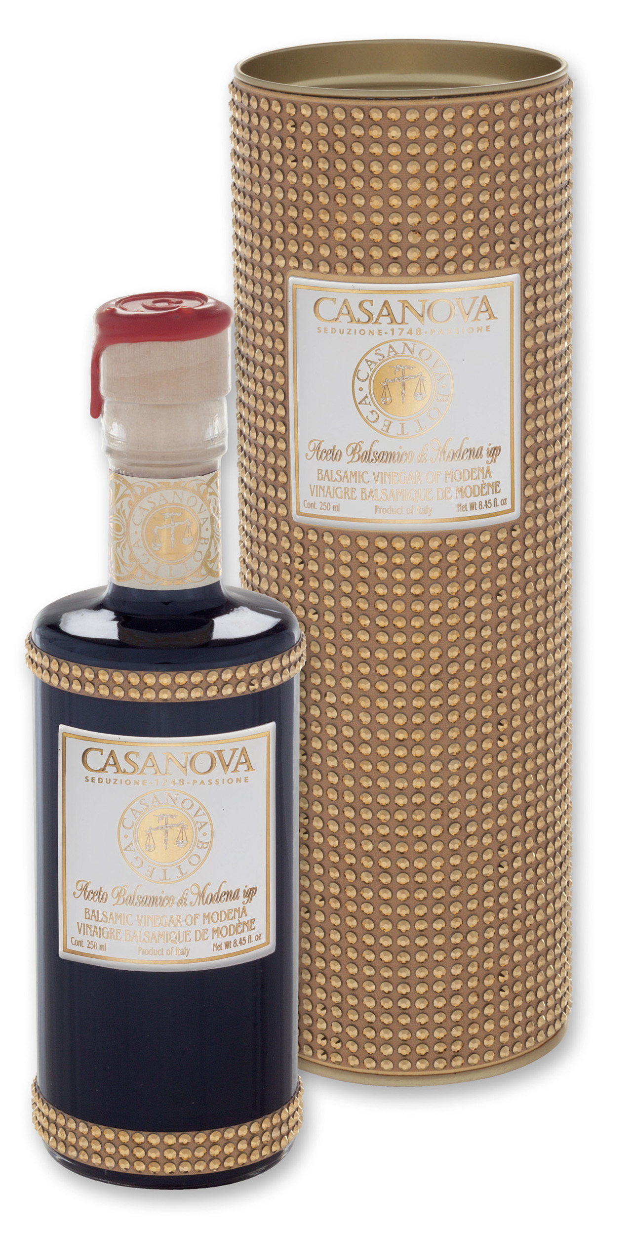 Aceto Balsamico di Modena IGP Qualità 15 Strass Tube 250 ml Casanova, bottiglia con confezione cilindrica.