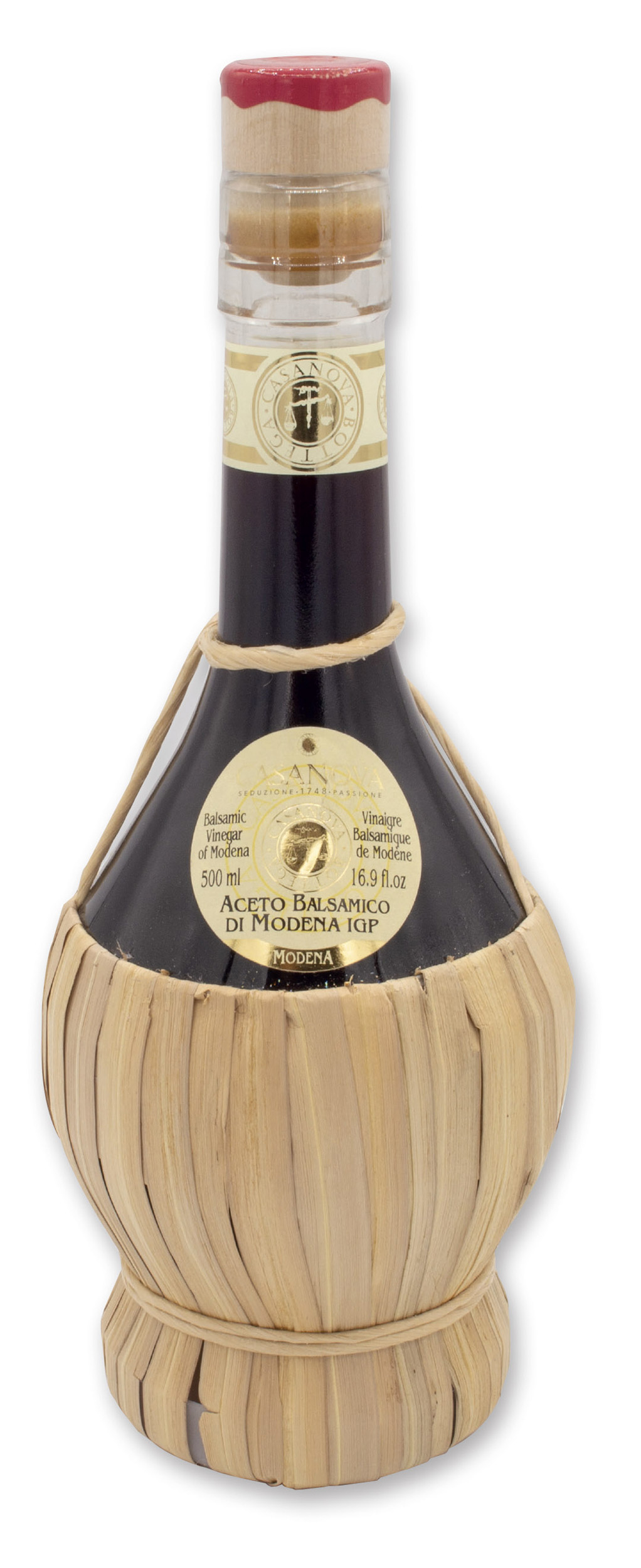 Aceto Balsamico di Modena IGP Qualità 6 500 ml Casanova, bottiglia con rivestimento in paglia.