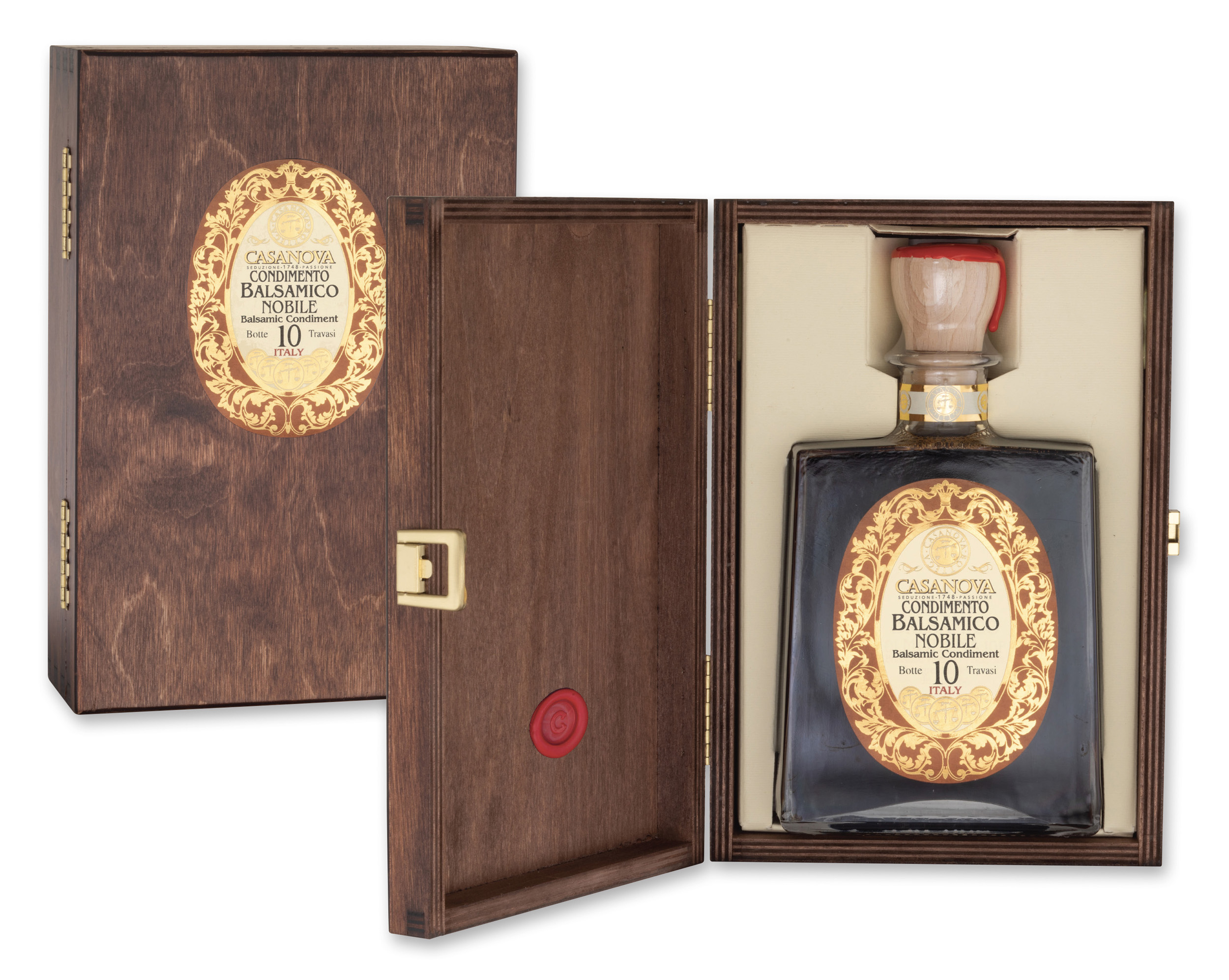 Anfora Ramona Vintage Condimento Balsamico Nobile Qualità 10 500 ml Casanova, bottiglia con cofanetto in legno.