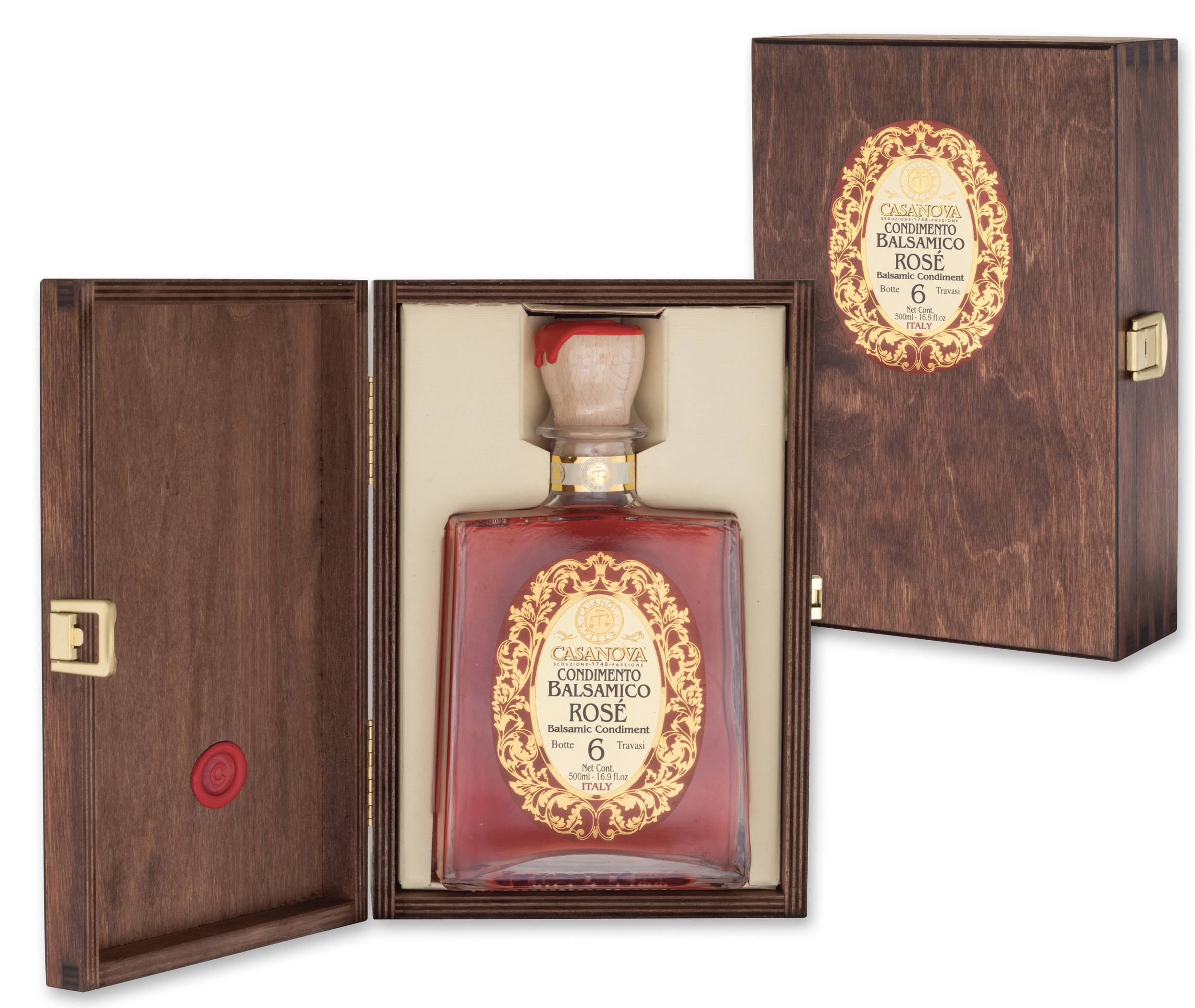 Anfora Ramona Vintage Condimento Balsamico Rosé 500 ml Casanova, bottiglia con cofanetto in legno.