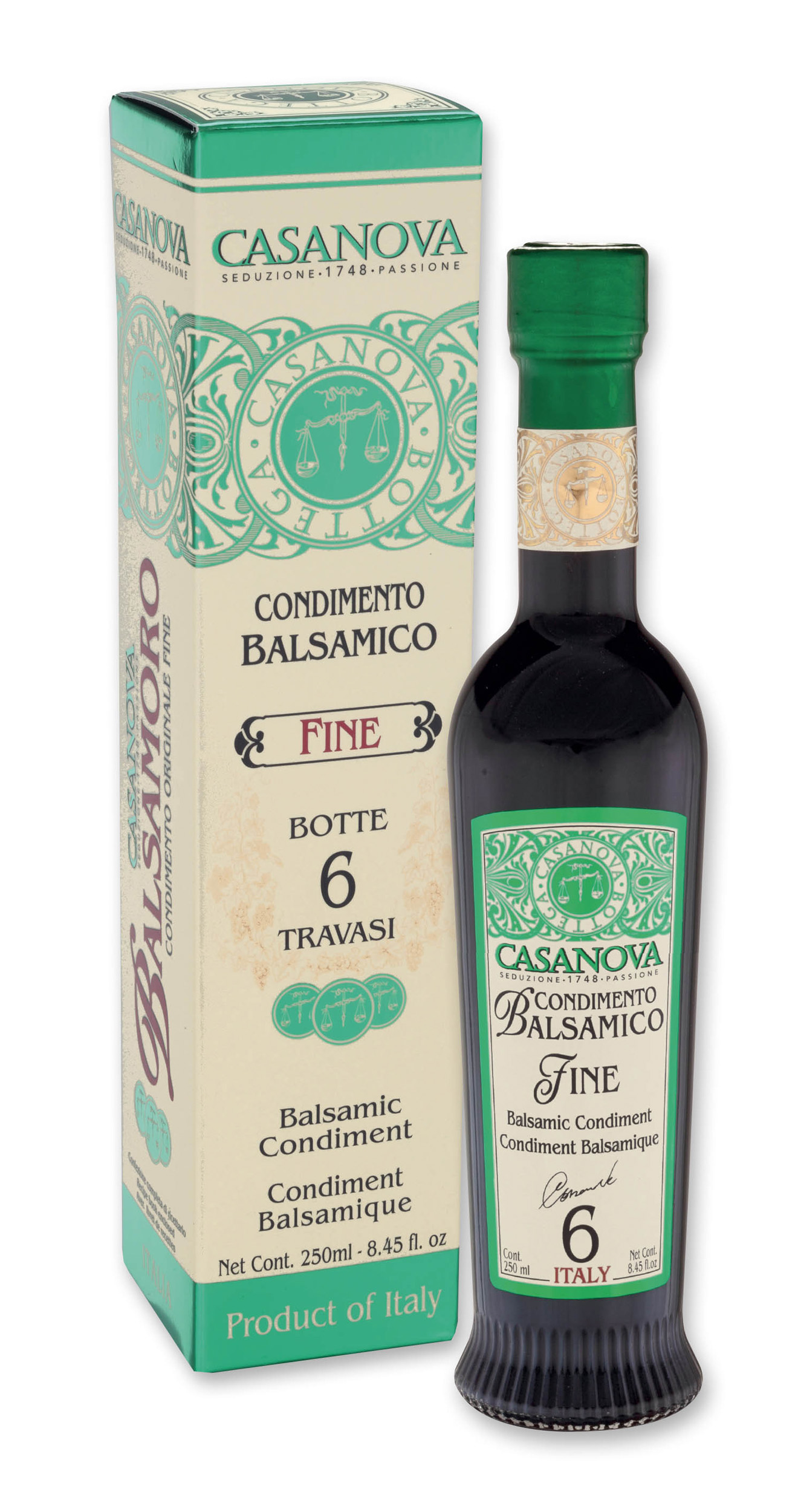 Anfora Romana Condimento Balsamico Fine Qualità 6 250 ml Casanova, bottiglia con astuccio.