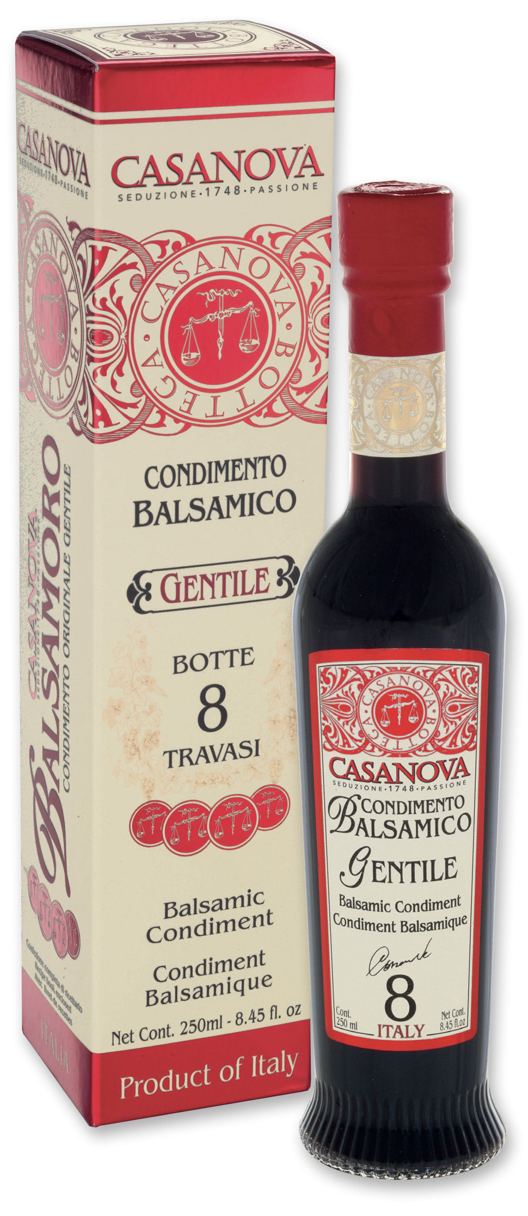 Anfora Romana Condimento Balsamico Gentile Qualità 8 250 ml Casanova, bottiglia con astuccio.
