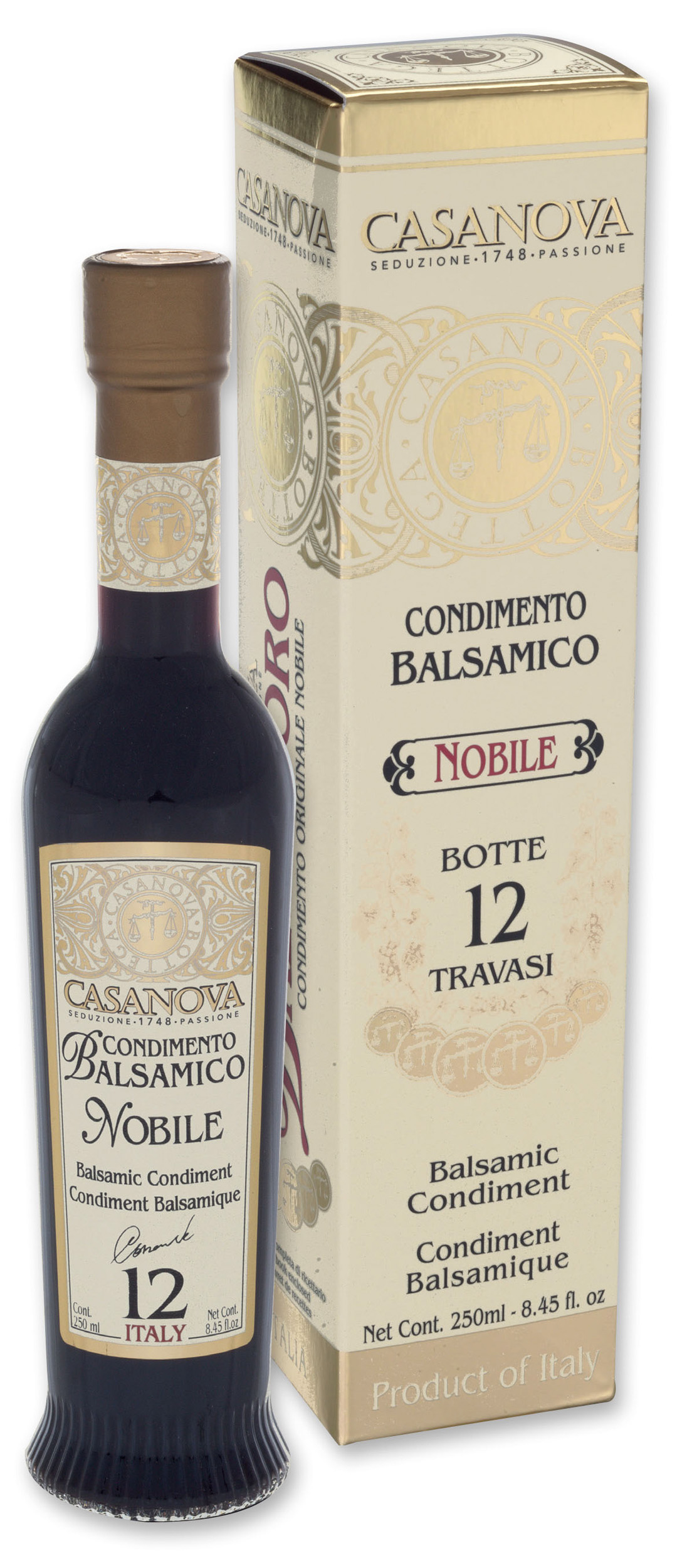 Anfora Romana Condimento Balsamico Nobile Qualità 12 250 ml Casanova, bottiglia con astuccio.