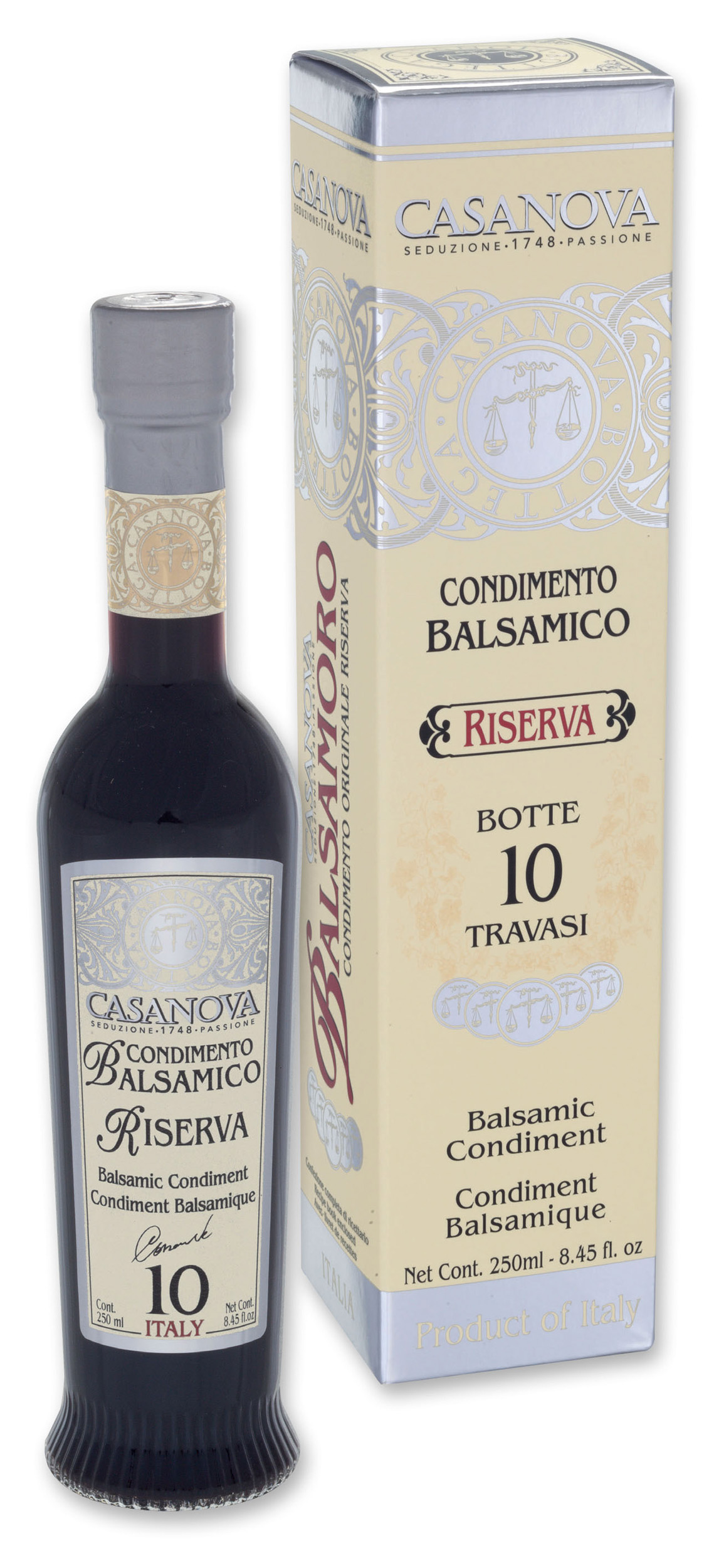 Anfora Romana Condimento Balsamico Riserva Qualità 10 250 ml Casanova, bottiglia con astuccio.