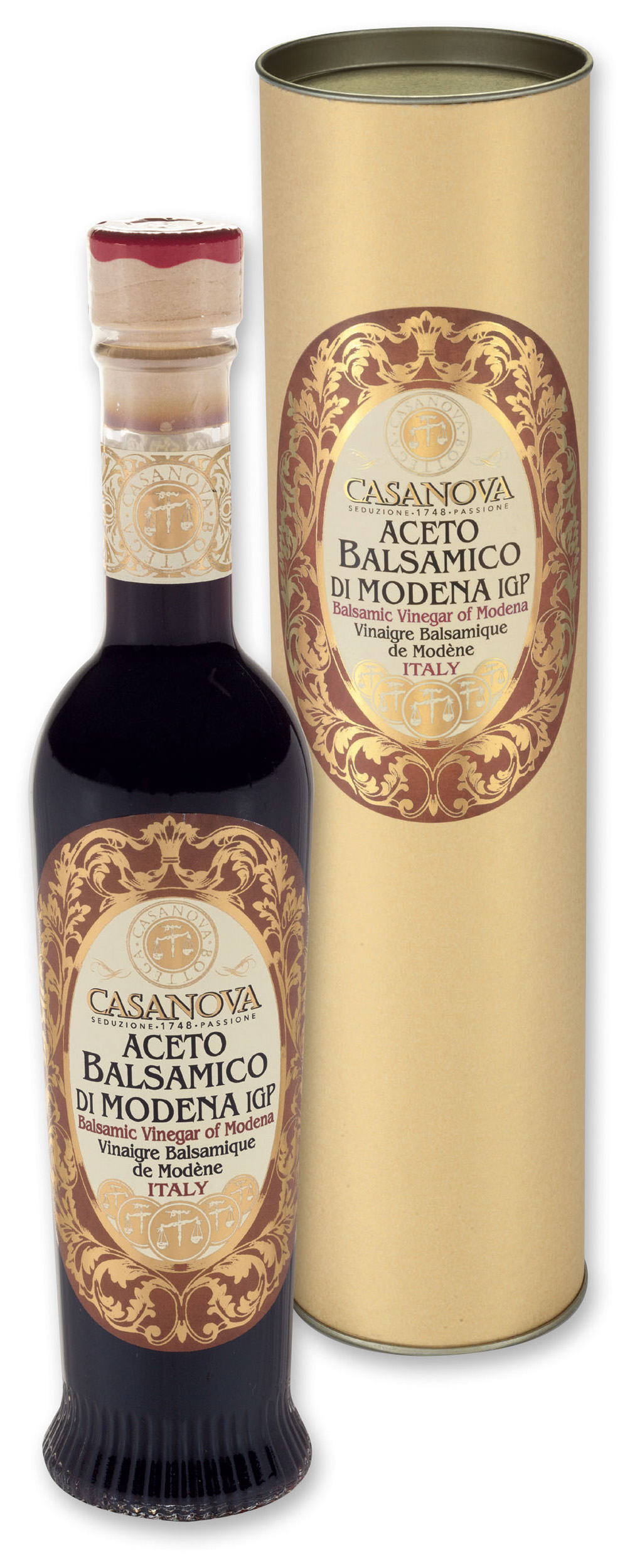 Anfora Romana Vintage Aceto Balsamico di Modena IGP Qualità 10 250 ml Casanova, bottiglia con confezione cilindrica.