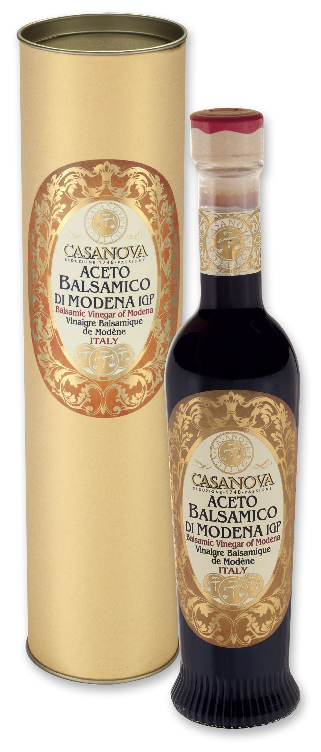 Anfora Romana Vintage Aceto Balsamico di Modena IGP Qualità 6 Casanova, bottiglia con confezione cilindrica.
