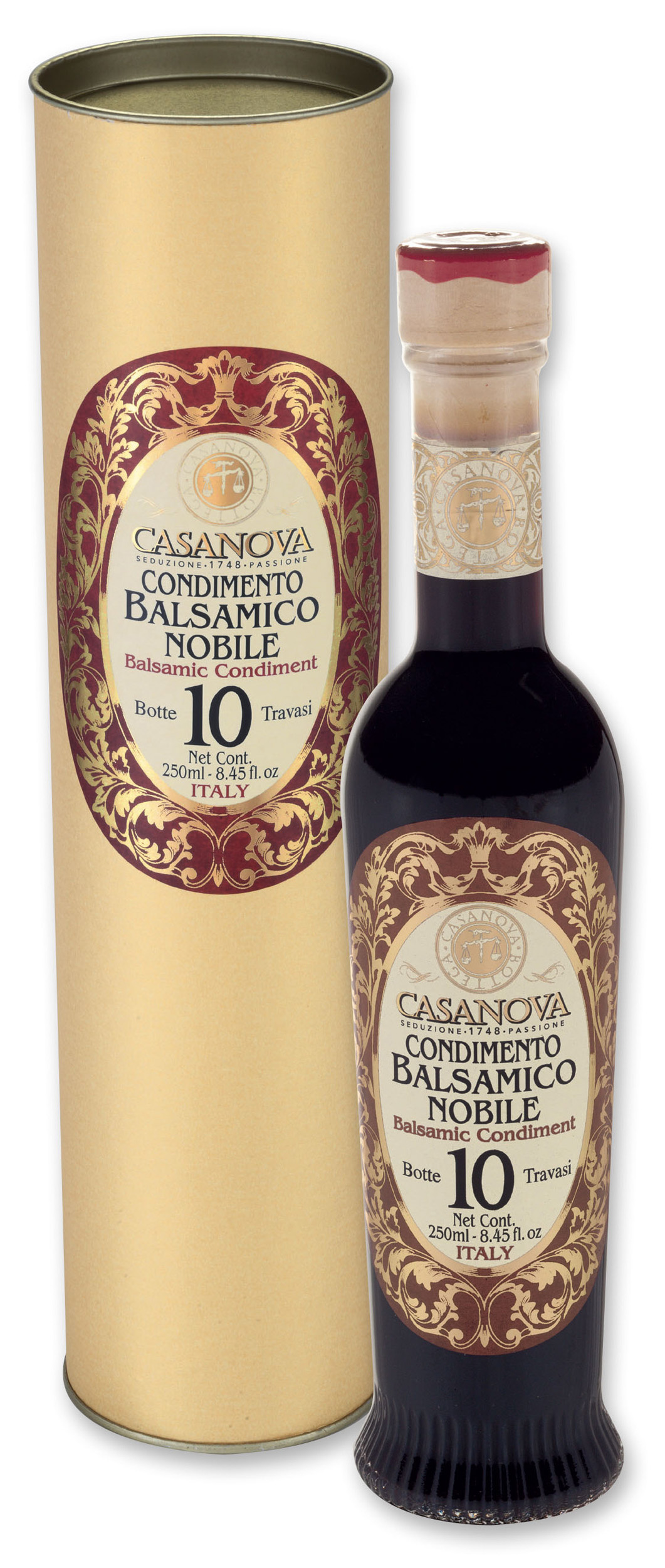 Anfora Romana Vintage Condimento Balsamico Nobile Qualità 10 250 ml Casanova, bottiglia con confezione cilindrica.