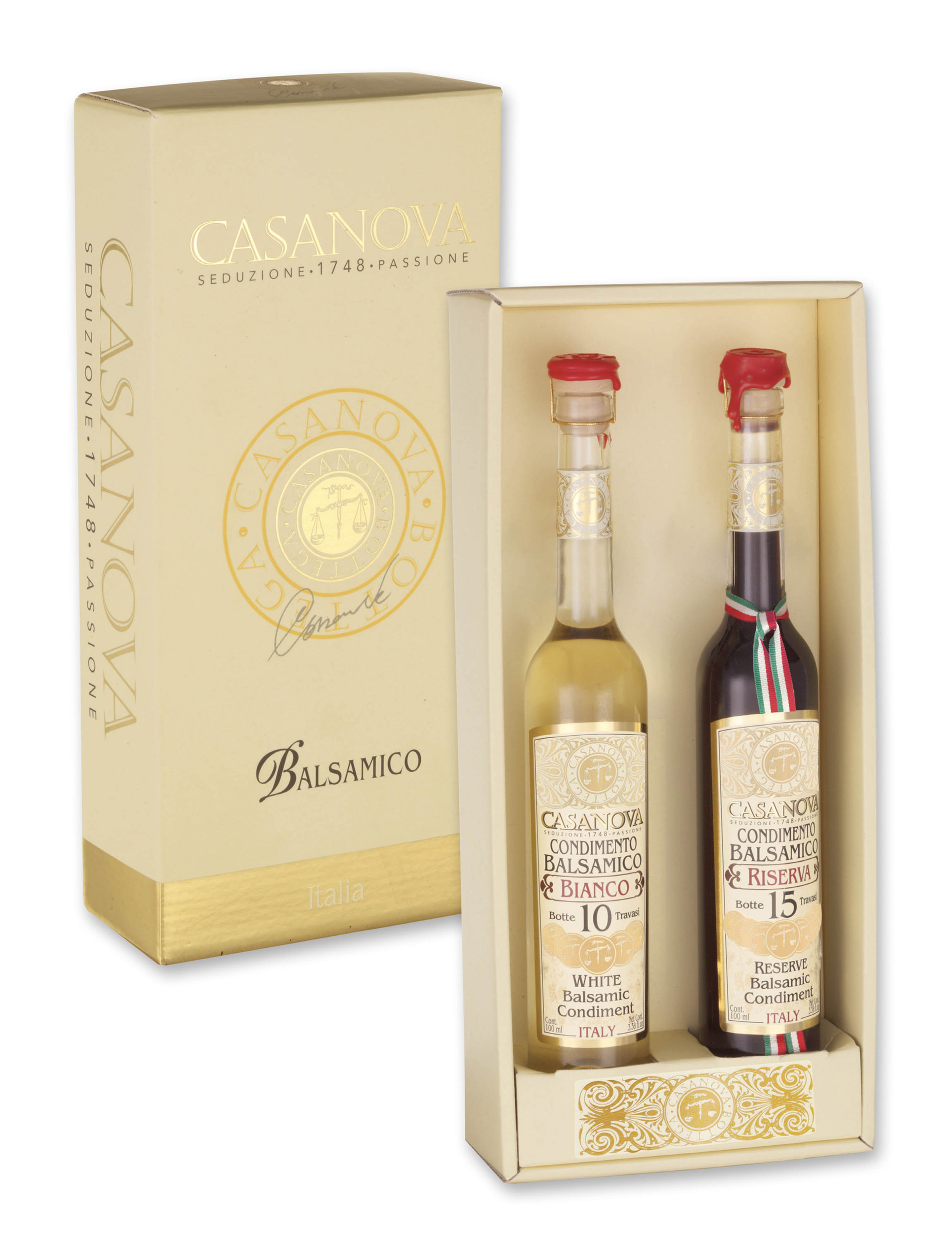 Balsamico Bianco 10 / Balsamico Riserva 15 2x100 ml Casanova, confezione regalo con due bottiglie.