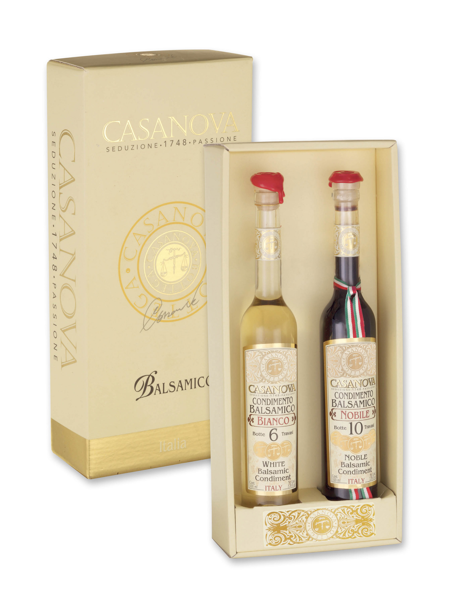 Balsamico Bianco 6 / Balsamico Nobile 10 2x100 ml Casanova, confezione regalo con due bottiglie.