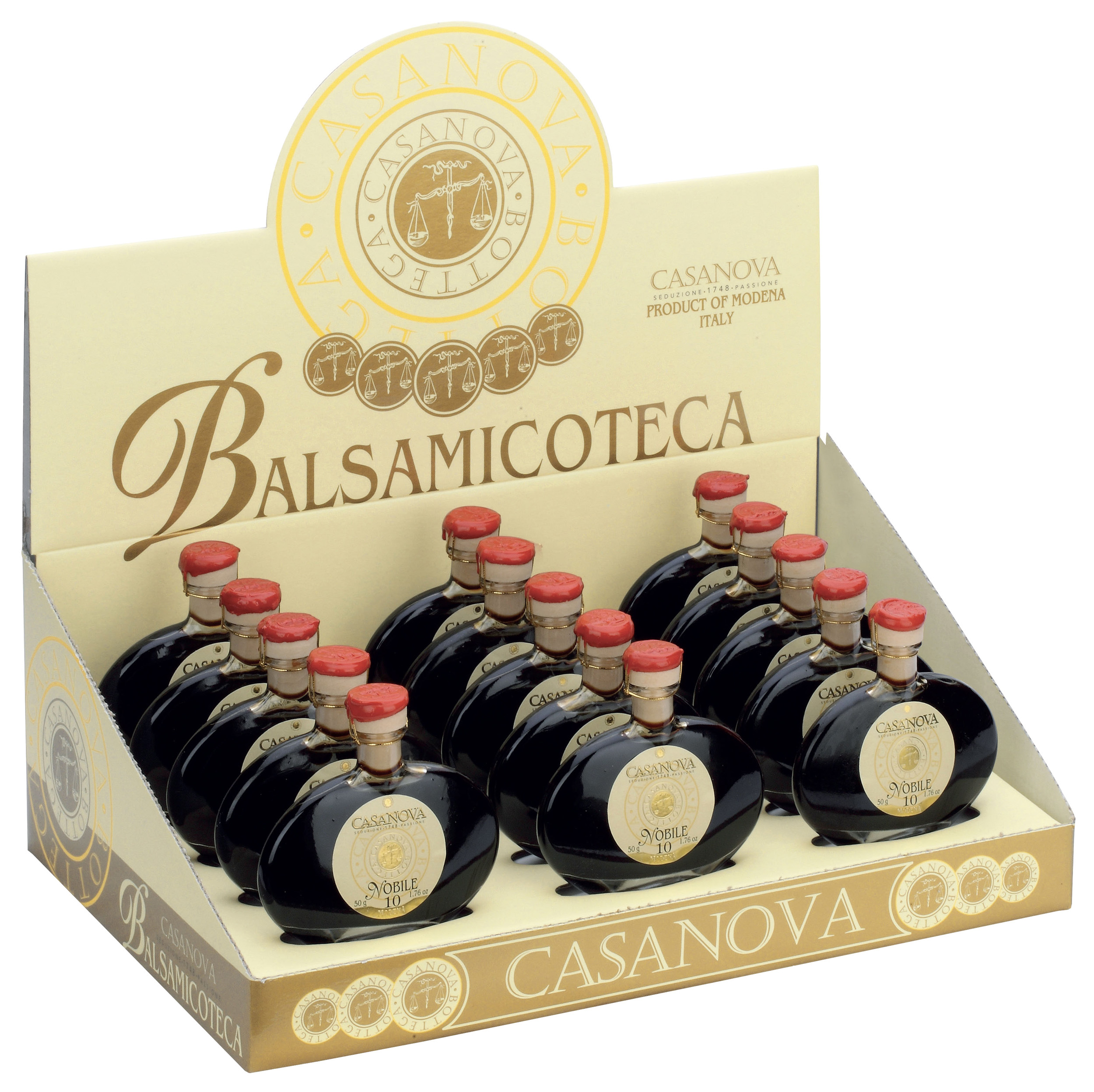 Balsamicoteca Casanova Condimento Balsamico Nobile Qualità 10 40 g, espositore con bottiglie.