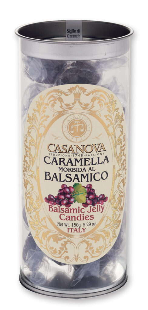 Balsamic Jelly Candies 150 g Casanova, clear cylindrical pack.
