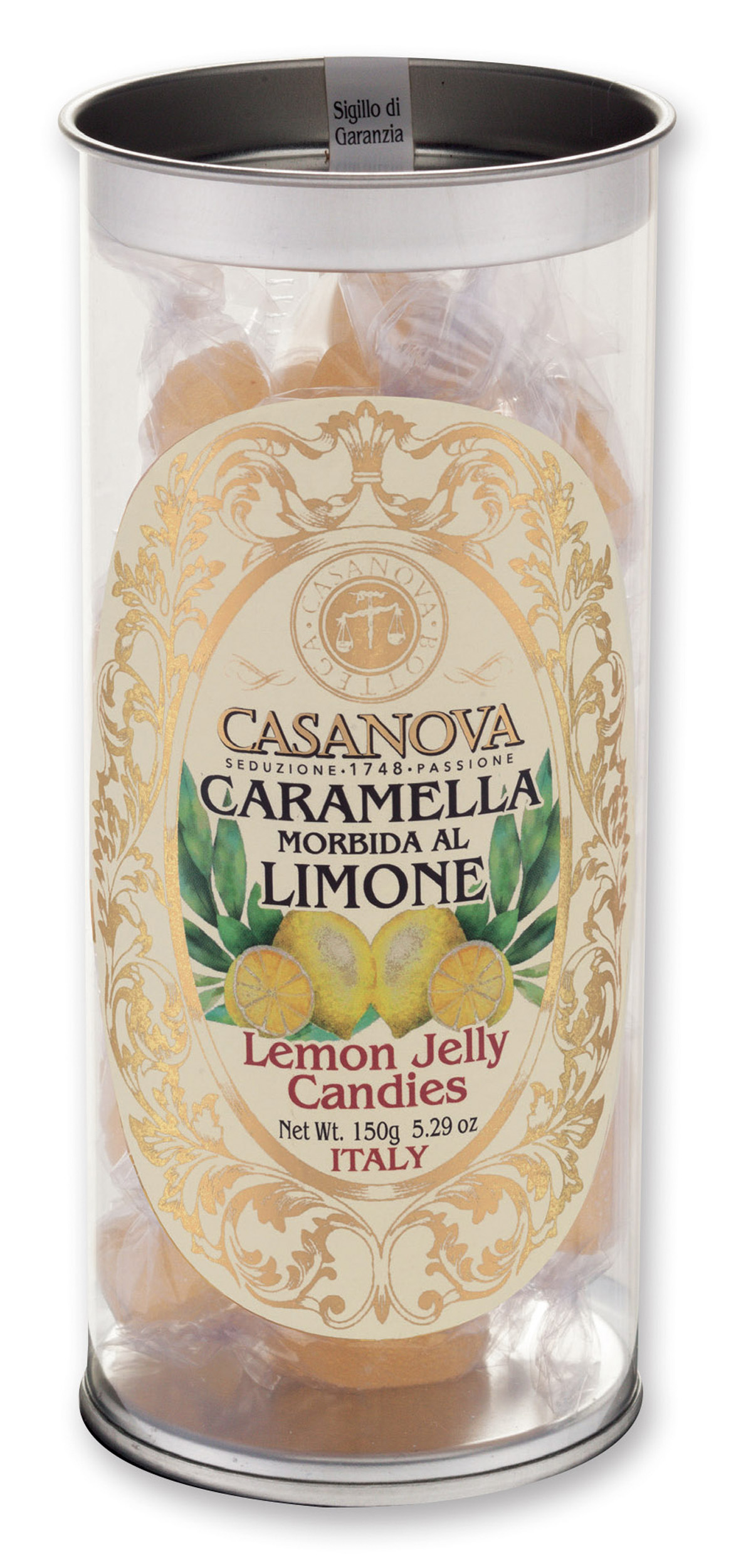 Lemon Jelly Candies 150 g Casanova, clear cylindrical pack.