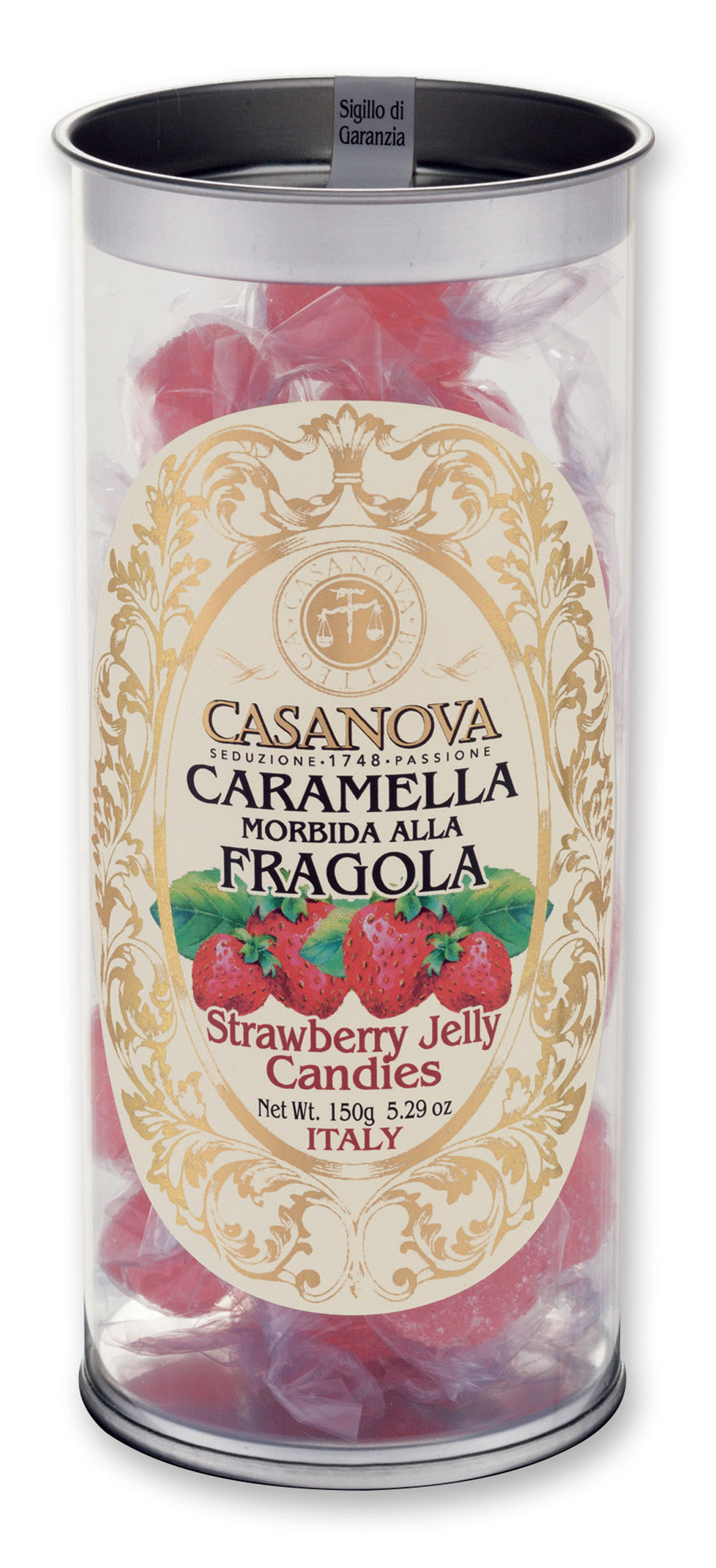 Strawberry Jelly Candies 150 g Casanova, clear cylindrical pack.