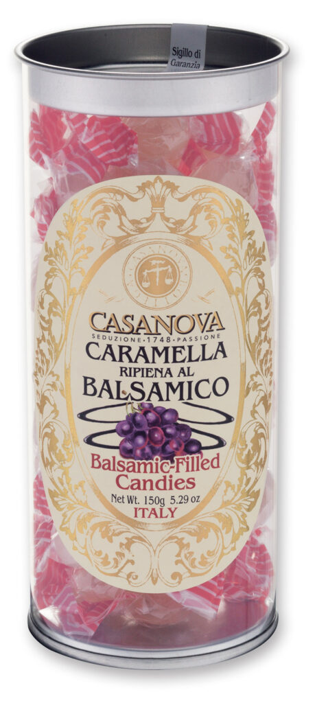 Caramella Ripiena al Balsamico 150 g Casanova, confezione cilindrica trasparente.