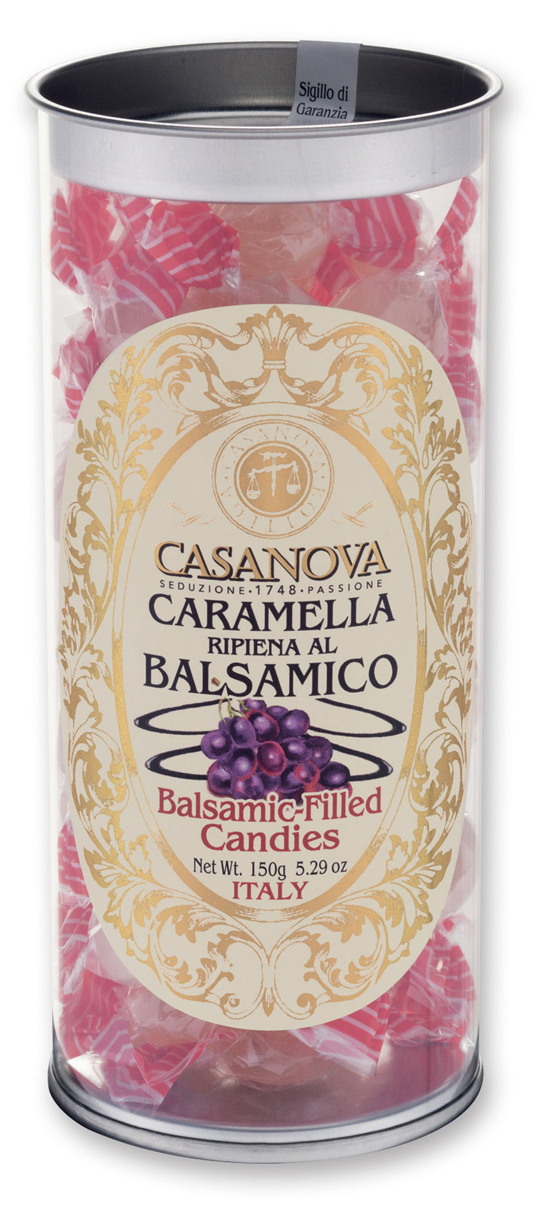 Balsamic Filled Candies 150 g Casanova, clear cylindrical pack.
