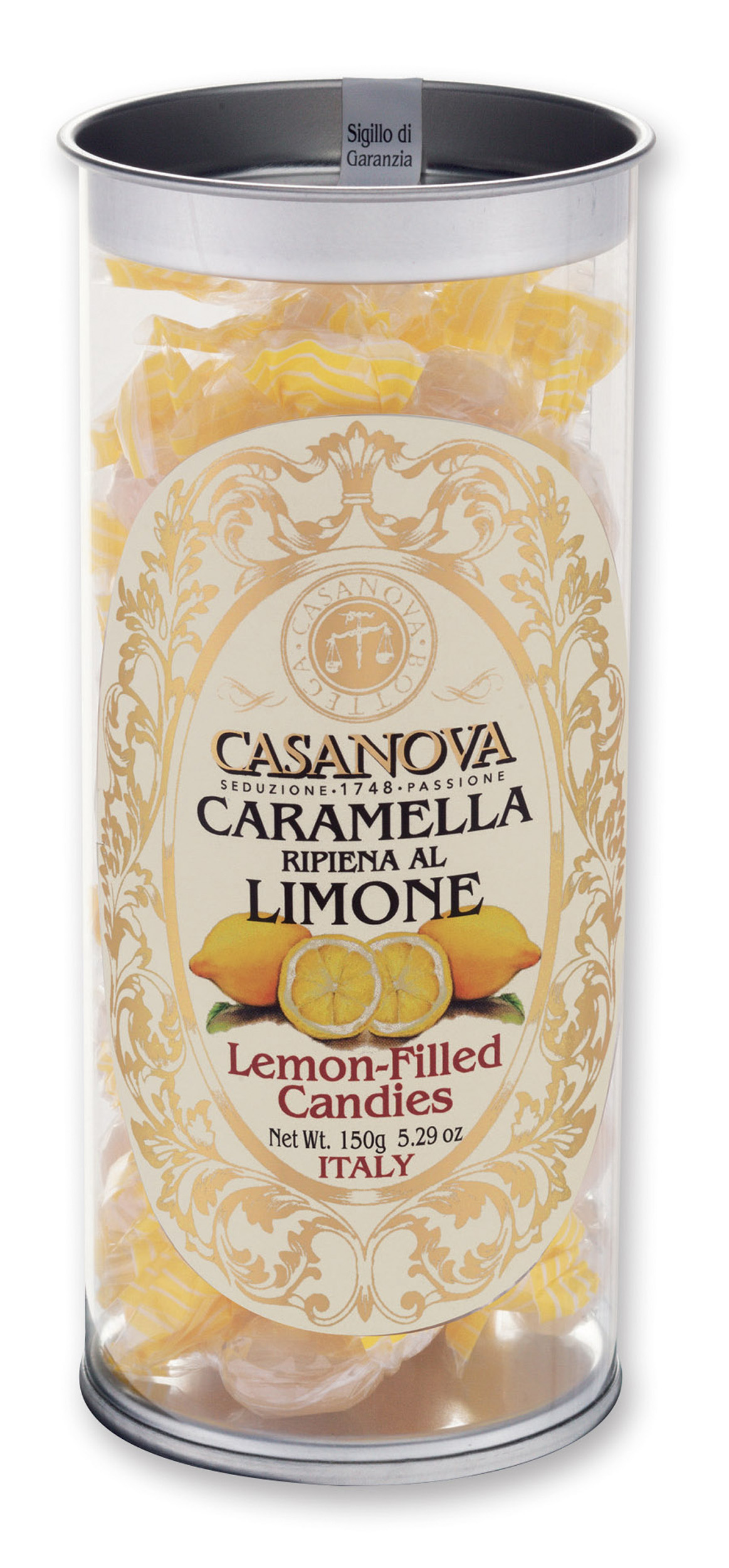 Lemon Filled Candies 150 g Casanova, clear cylindrical pack.