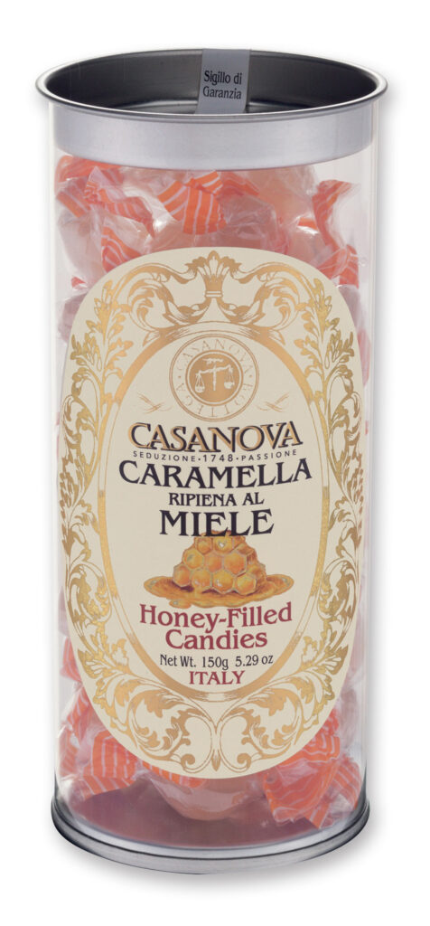 Honey Filled Candies 150 g Casanova, clear cylindrical pack.