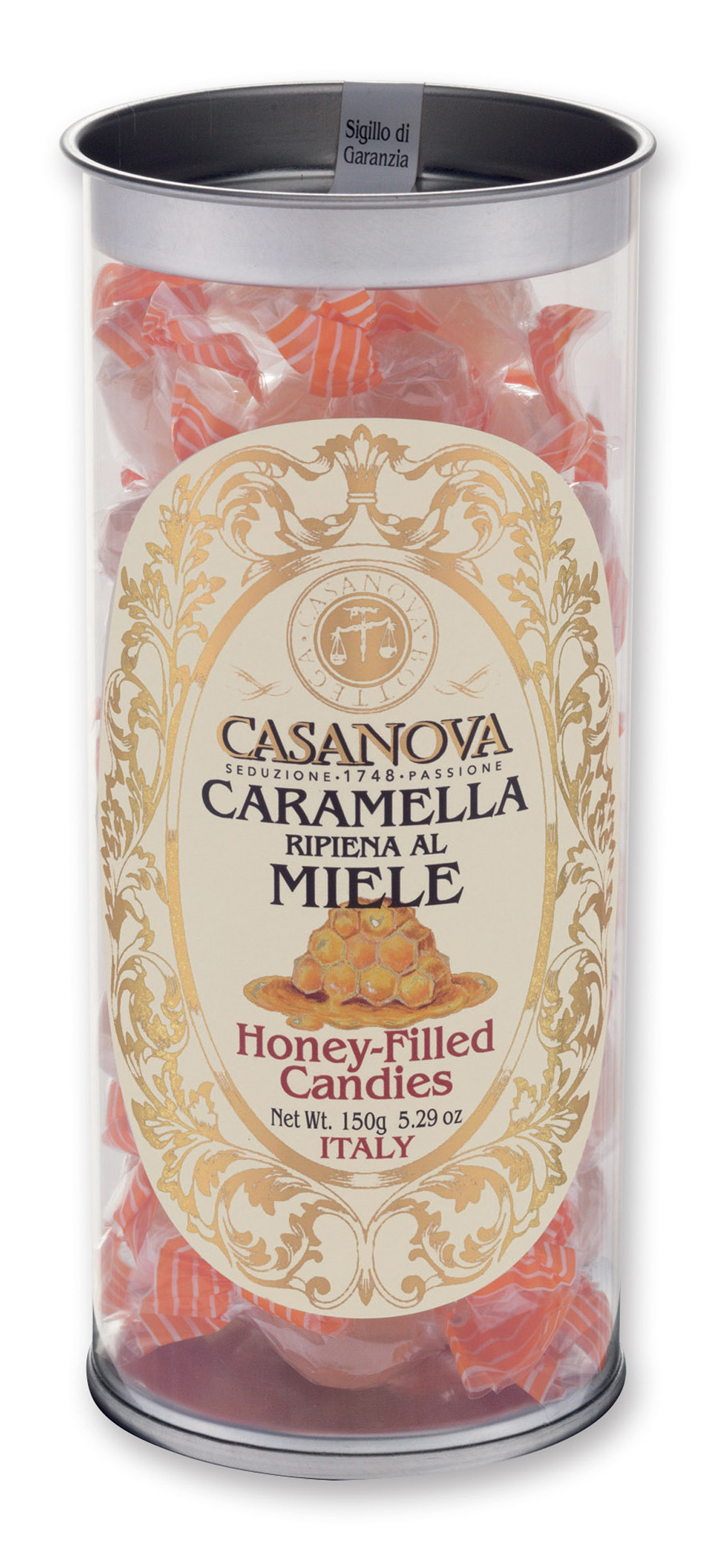 Honey Filled Candies 150 g Casanova, clear cylindrical pack.