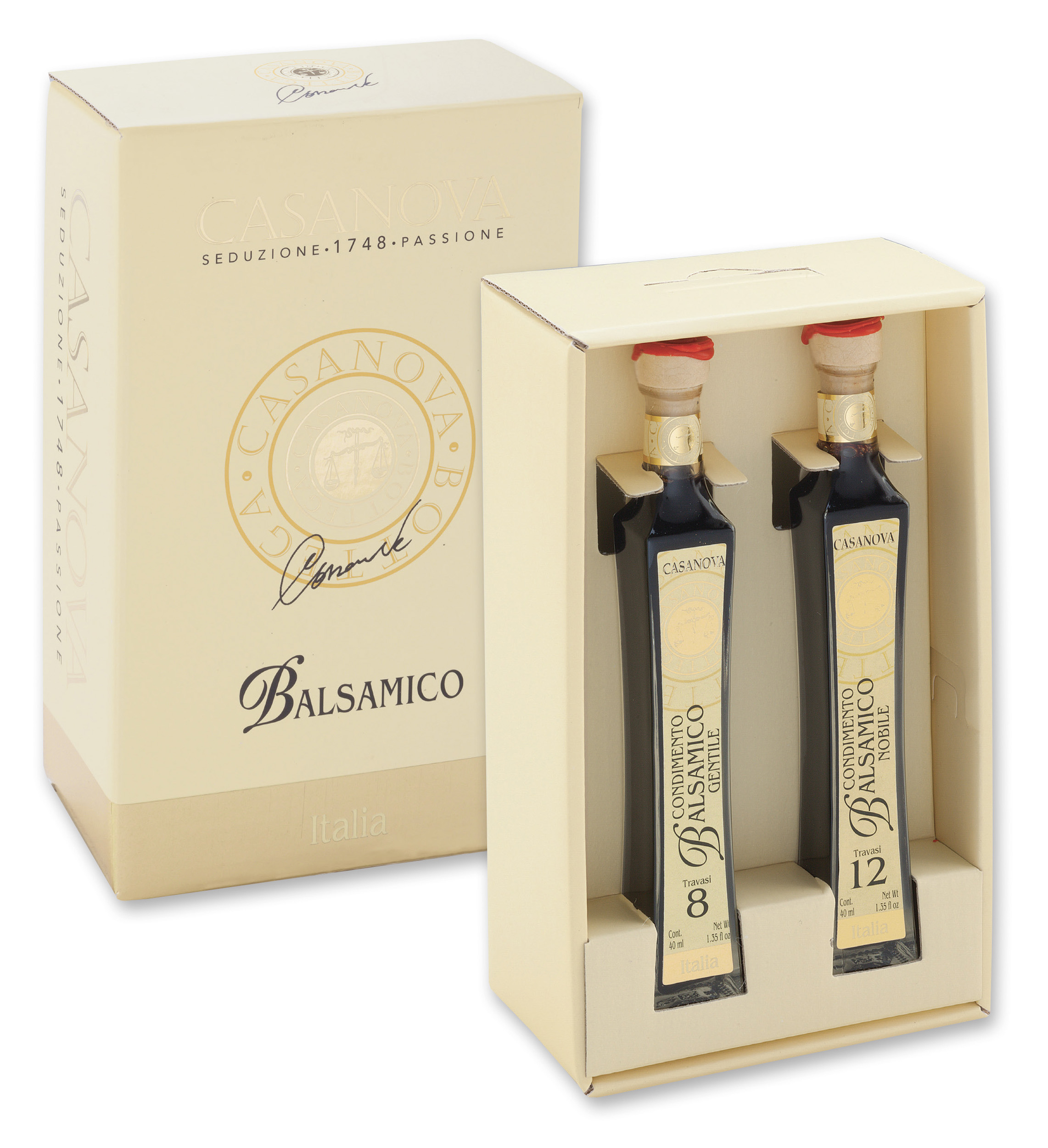 Carlina Condimenti Balsamici 2x40 ml Casanova, confezione regalo con due bottiglie.