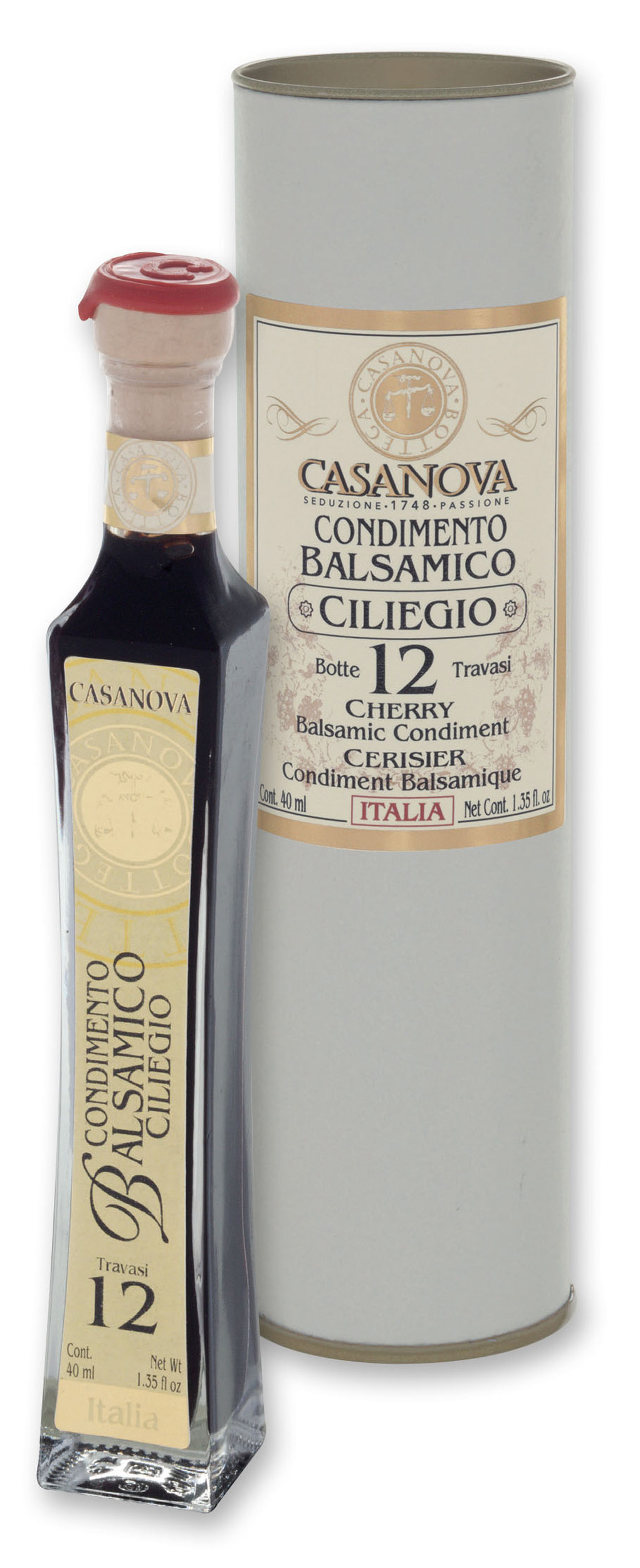 Carlina Condimento Balsamico al Ciliegio Qualità 12 40 ml Casanova, bottiglia con confezione cilindrica.