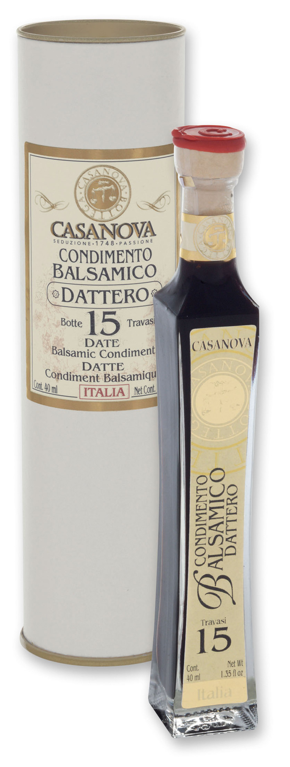 Carlina Condimento Balsamico al Dattero Qualità 15 40 ml Casanova, bottiglia con confezione cilindrica.