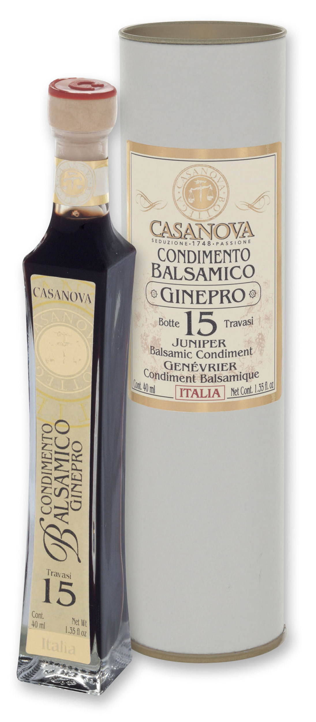 Carlina Condimento Balsamico al Ginepro Qualità 15 40 ml Casanova, bottiglia con confezione cilindrica.