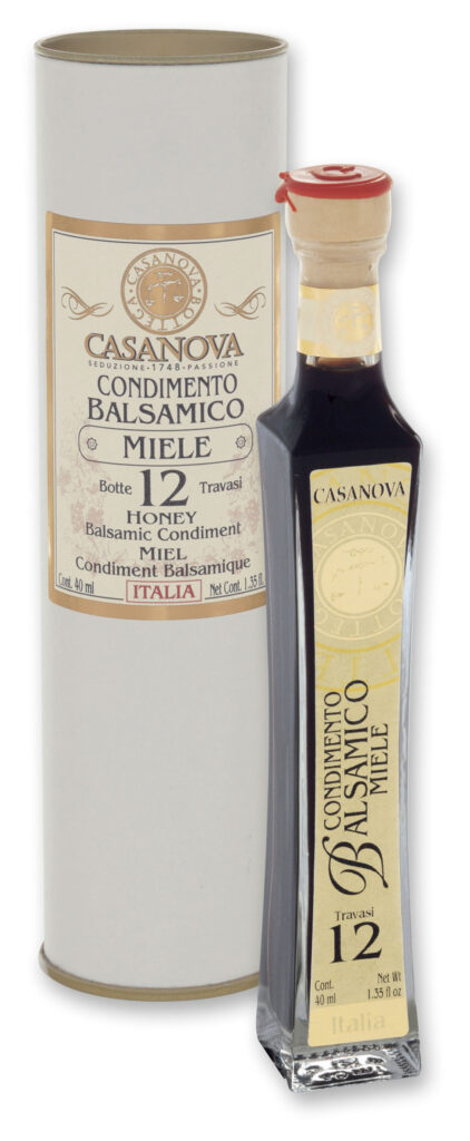 Carlina Balsamic Condiment with Honey Quality 12 40 ml Casanova, bottle with cylindrical gift tube.