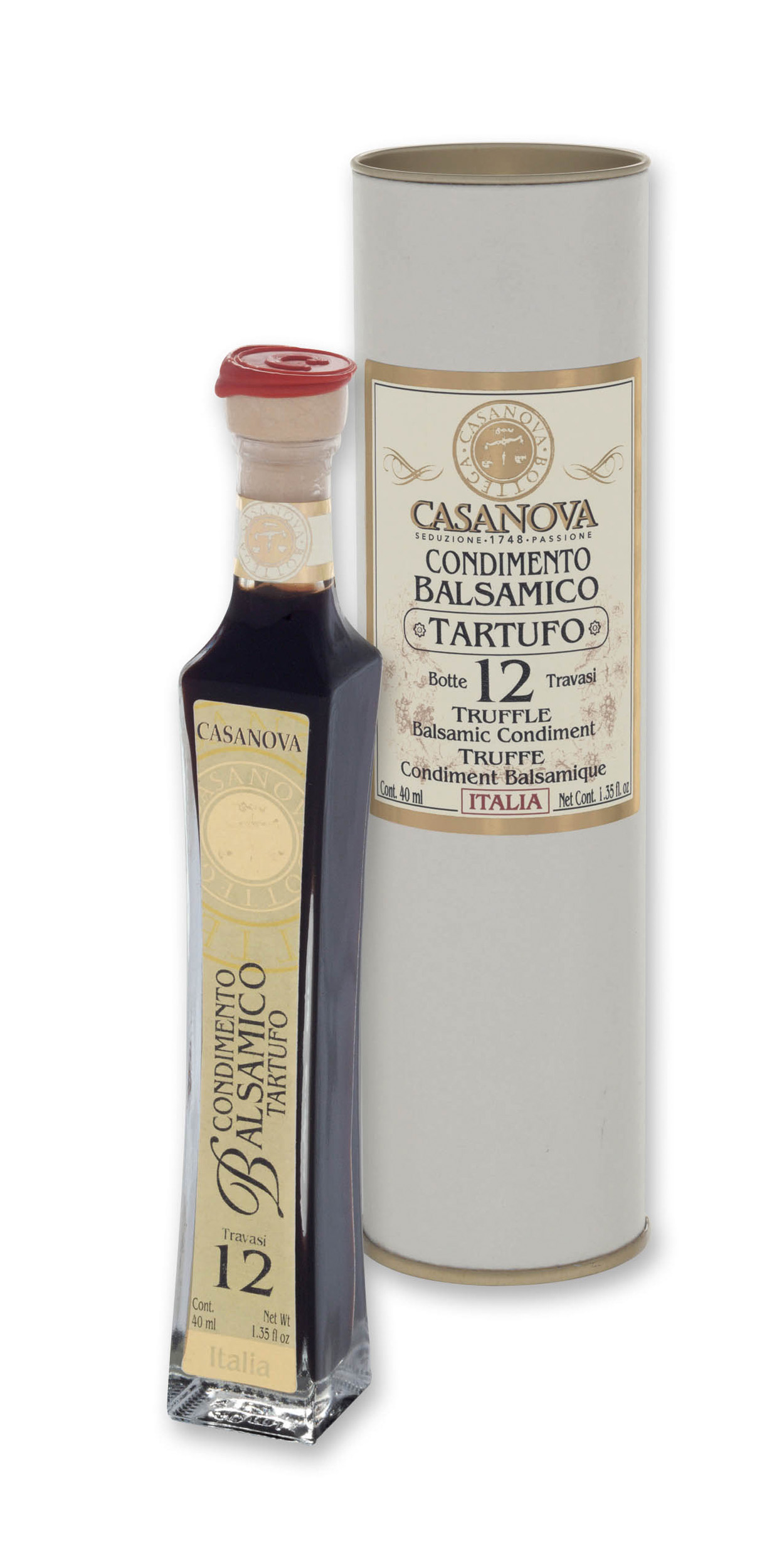 Carlina Condimento Balsamico al Tartufo Qualità 12 40 ml Casanova, bottiglia con confezione cilindrica.