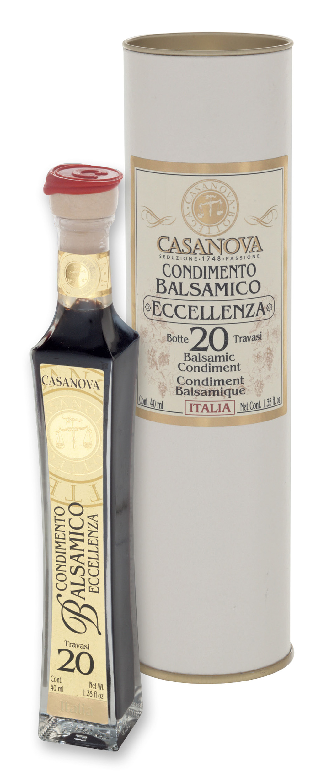 Carlina Condimento Balsamico Eccellenza Qualità 20 40 ml Casanova, bottiglia con confezione cilindrica.