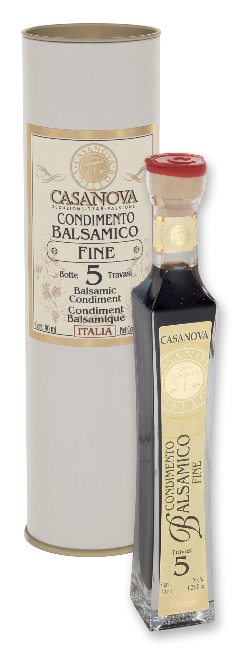 Carlina Condimento Balsamico Fine Qualità 5 40 ml Casanova, bottiglia con confezione cilindrica.