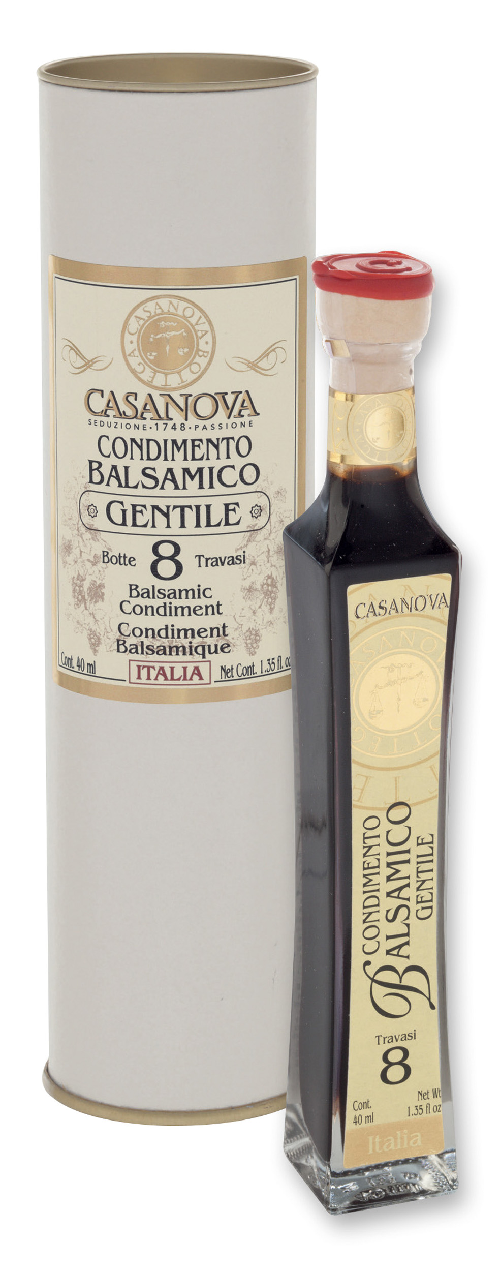 Carlina Condimento Balsamico Gentile Qualità 8 40 ml Casanova, bottiglia con confezione cilindrica.