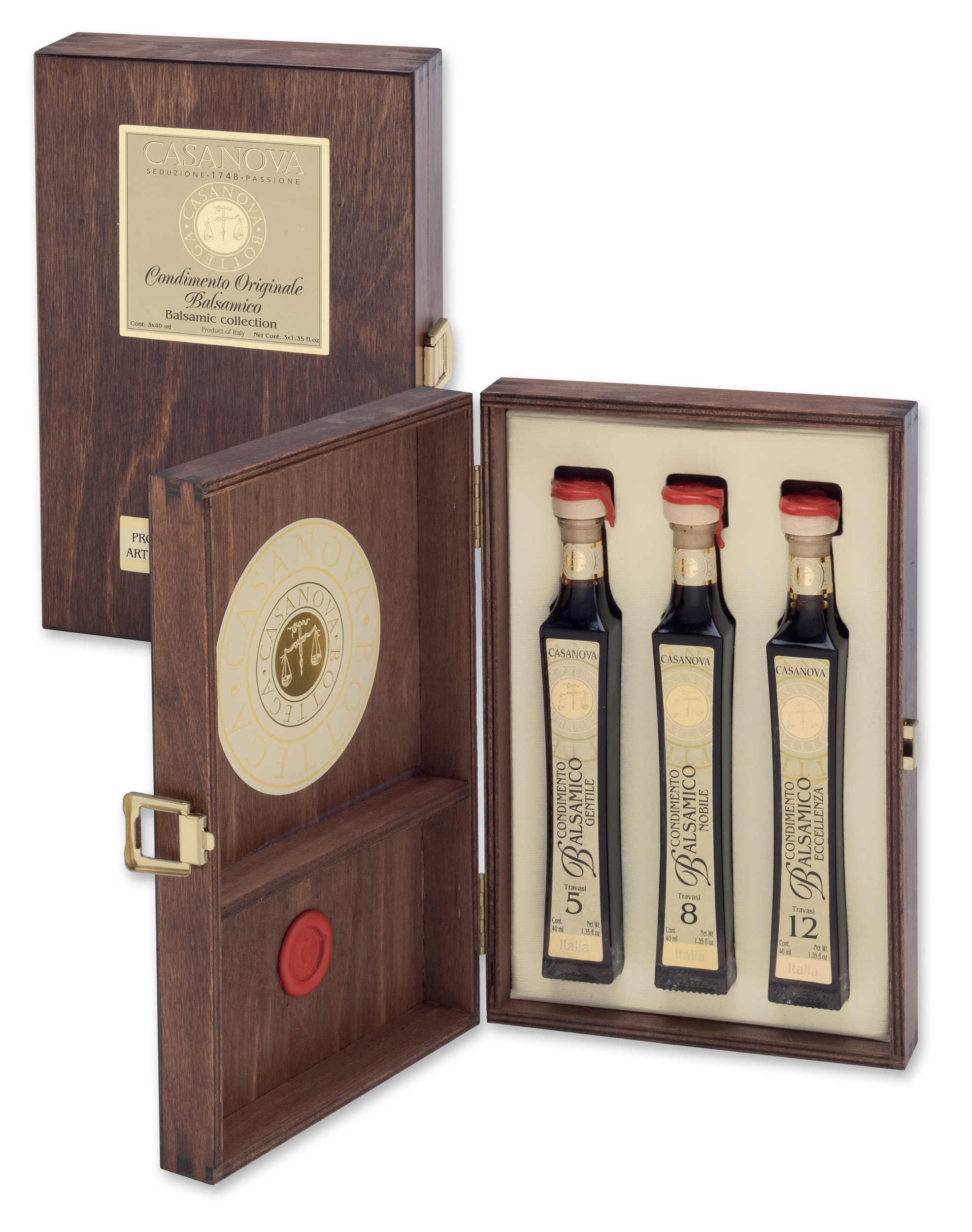 Carlina Condimento Balsamico Gift 3x40 ml Casanova, cofanetto in legno con tre bottiglie.