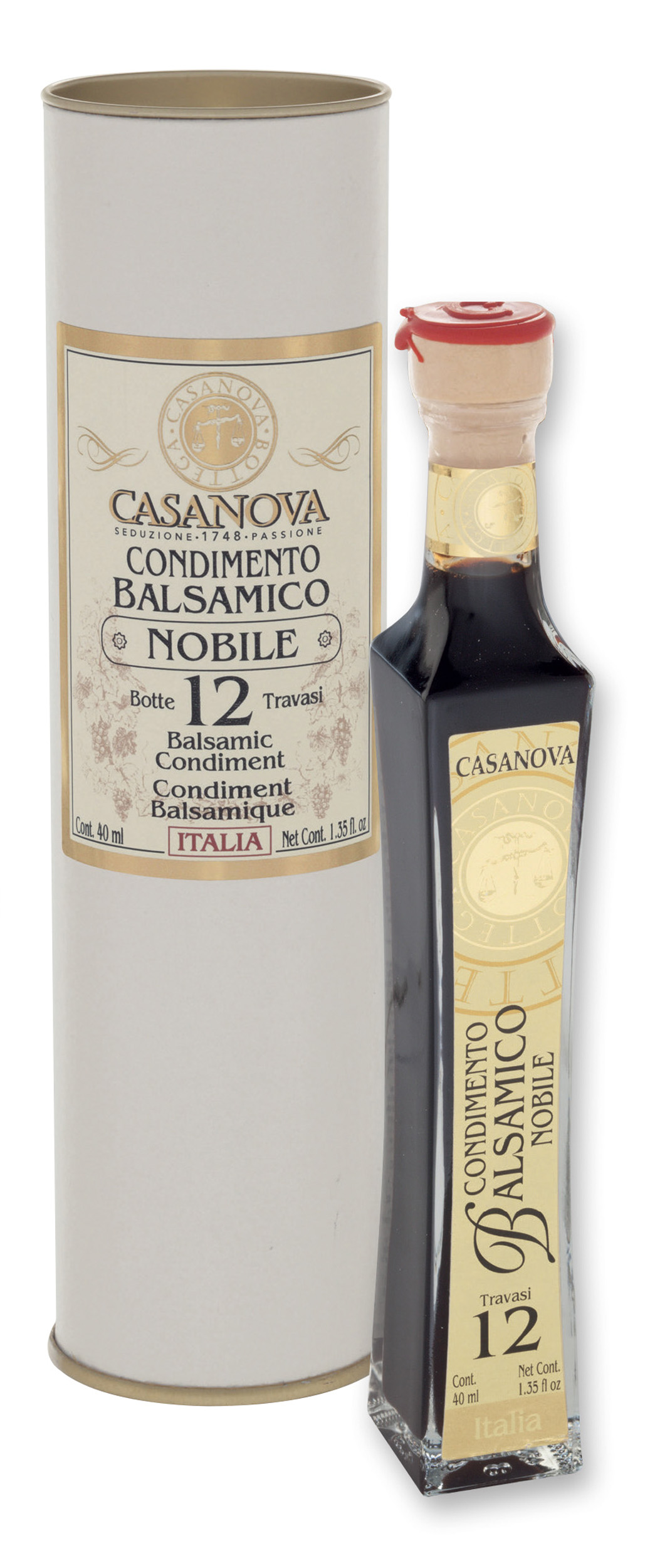 Carlina Condimento Balsamico Nobile Qualità 12 40 ml Casanova, bottiglia con confezione cilindrica.