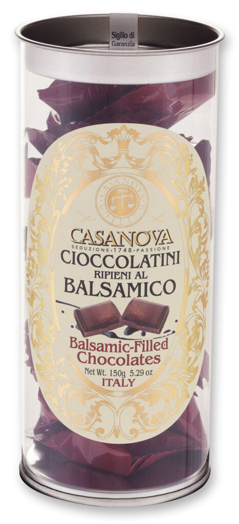Dark chocolate bonbons filled with Balsamic Glaze 150 g Casanova, clear cylindrical pack.