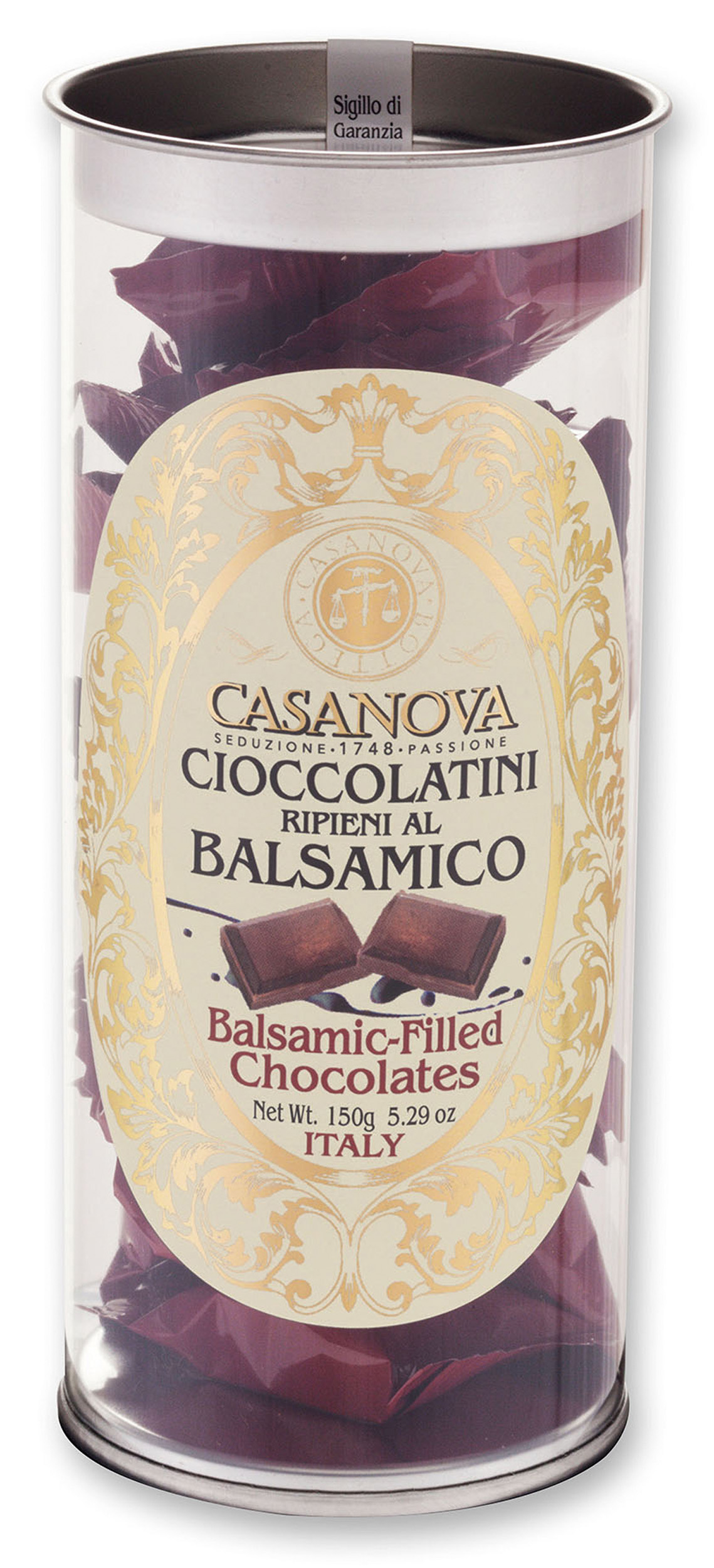 Dark chocolate bonbons filled with Balsamic Glaze 150 g Casanova, clear cylindrical pack.