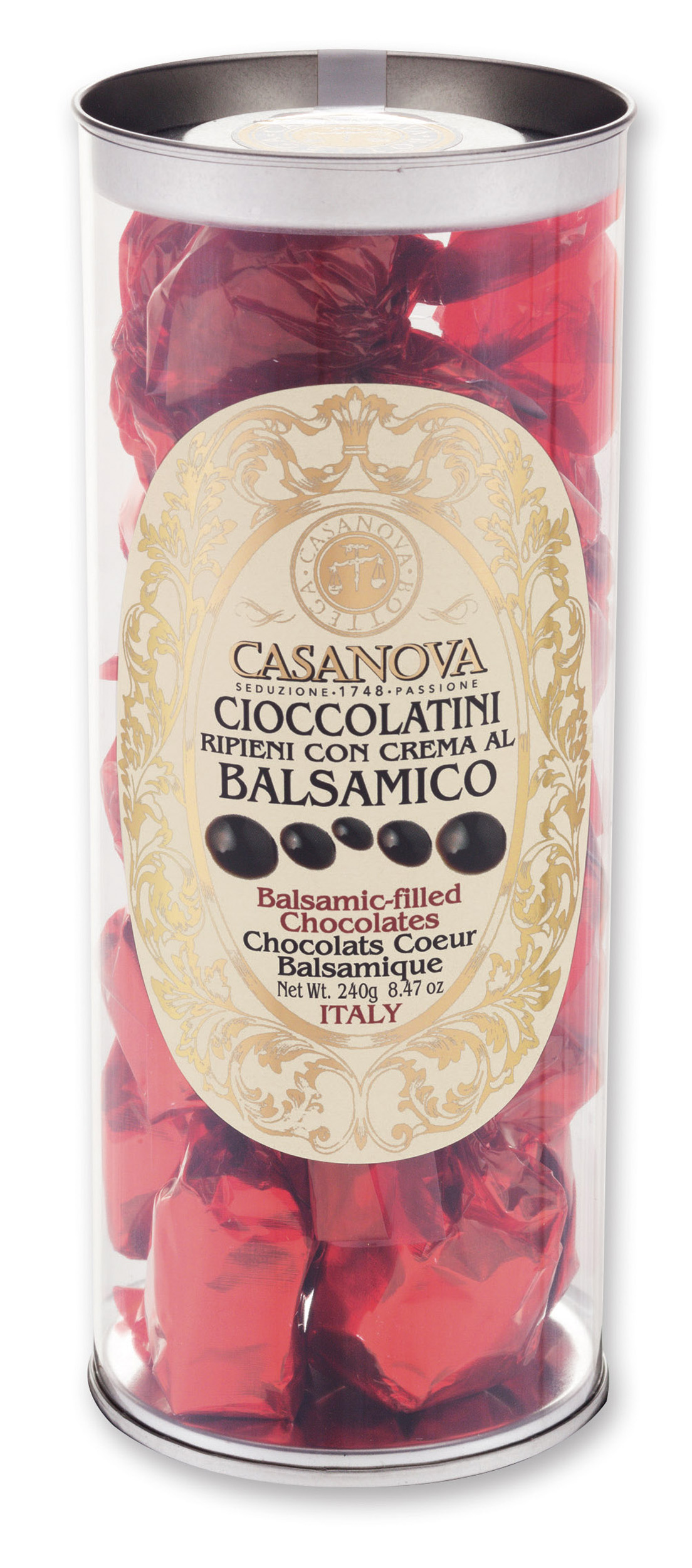 Balsamic-Filled Chocolates 240 g Casanova, clear cylindrical pack.