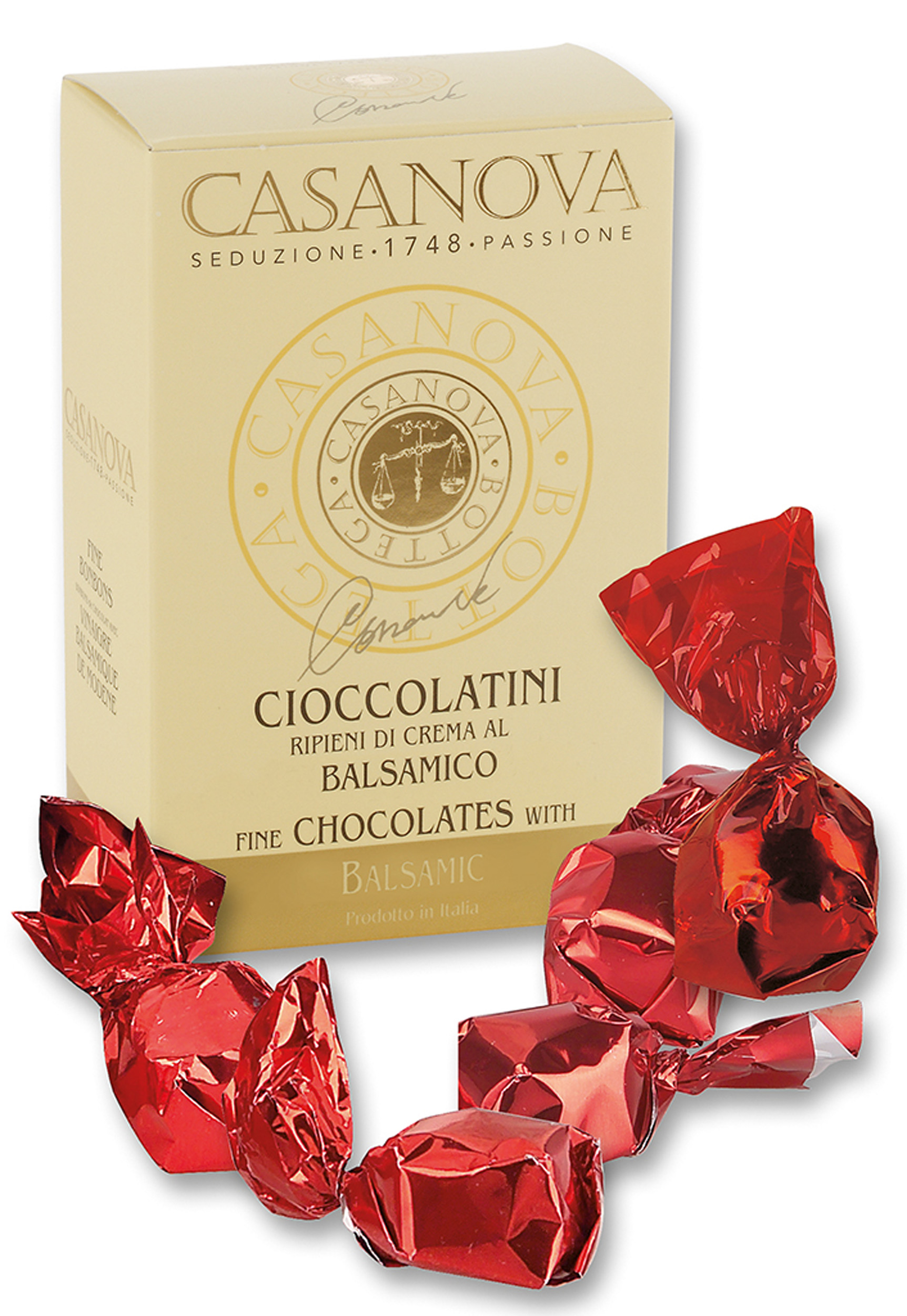 Balsamic-Filled Chocolates 250 g Casanova, box with wrapped chocolates.