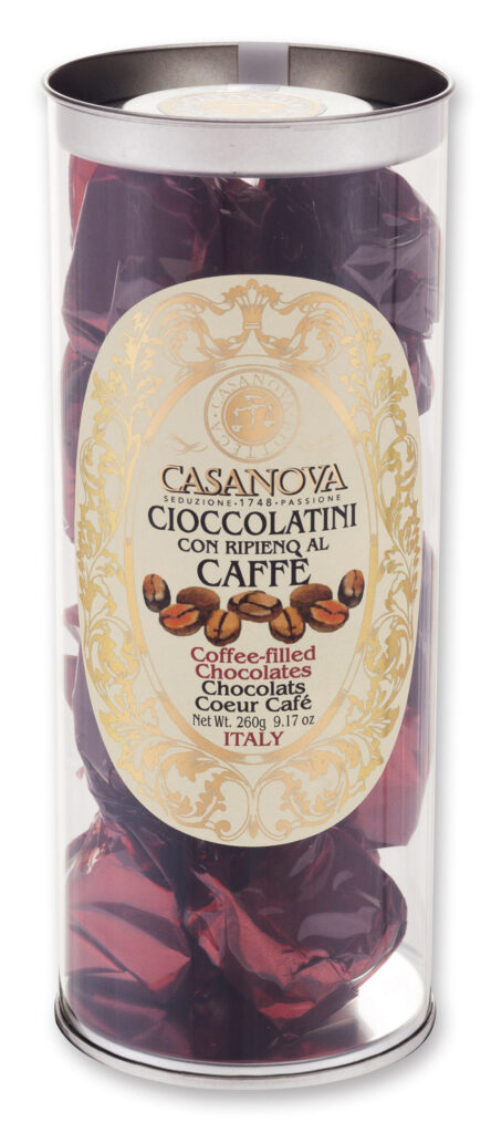 Coffee-Filled Chocolates 260 g Casanova, clear cylindrical pack.