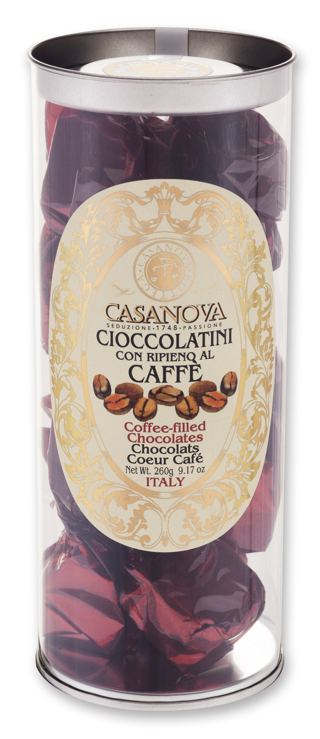 Coffee-Filled Chocolates 260 g Casanova, clear cylindrical pack.