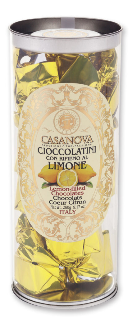 Chocolats Cœur Citron 260 g Casanova, conditionnement cylindrique transparent.
