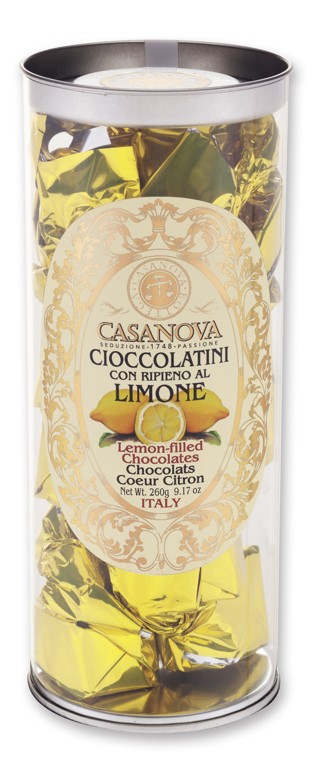 Lemon-filled Chocolates 260 g Casanova, clear cylindrical pack.