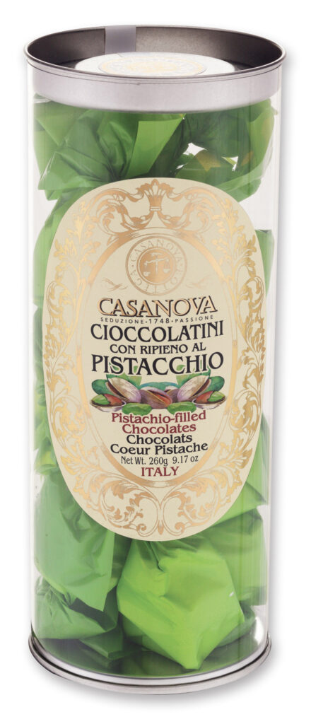 Cioccolatini Ripieni al Pistacchio 260 g Casanova, confezione cilindrica trasparente.