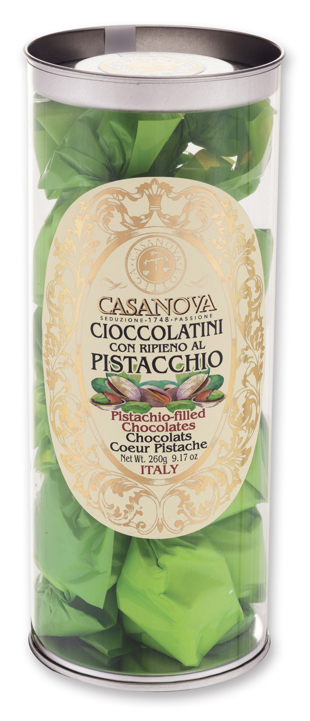 Pistachio-Filled Chocolates 260 g Casanova, clear cylindrical pack.