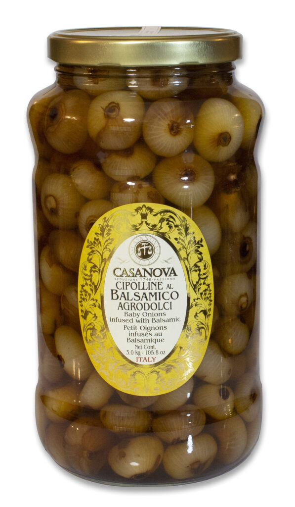 Petits Oignons Infusés au Balsamique 3 kg Casanova, bocal en verre.