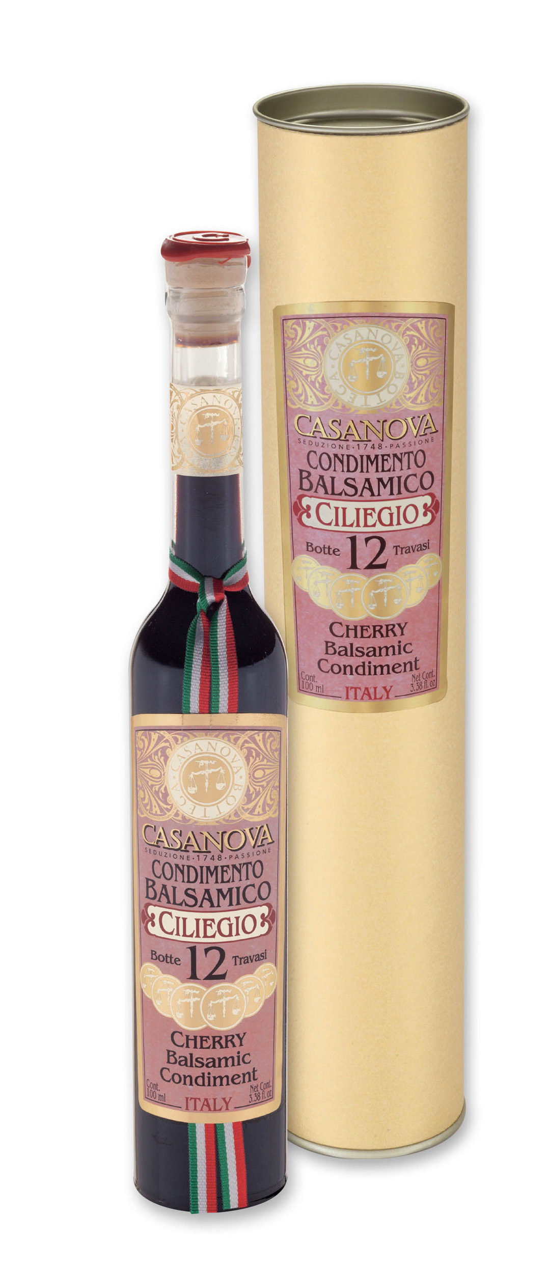 Condimento Balsamico al Ciliegio Qualità 12 100 ml Casanova, bottiglia con confezione cilindrica.